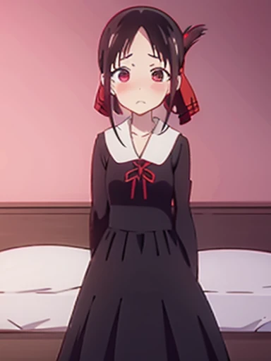 nsfw,Bedroom、standing position、whole body、hands behind、Turn your face away、Watery eye、blush、Kaguya Shinomiya、red eyes,red ribbon,hair ribbon,bangs,short hair,side lock,folded ponytail,black hair,parted bangs, Uniform of Shunaiin Gakuen,black dress,neck ribbon,clavicle,white sailor collar