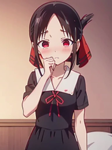 nsfw,Bedroom、standing position、whole body、hands behind、Turn your face away、Watery eye、blush、Kaguya Shinomiya、red eyes,red ribbon,hair ribbon,bangs,short hair,side lock,folded ponytail,black hair,parted bangs, Uniform of Shunaiin Gakuen,black dress,neck ribbon,clavicle,white sailor collar