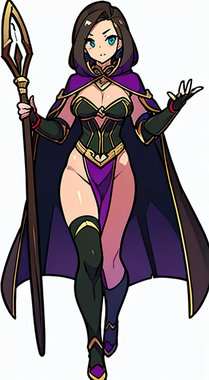 (((Best Quality))) , ((full body)), female, reference sheet, solo, (white background), holding staff, gauntlets, robe, thigh high, bustier, cloak,