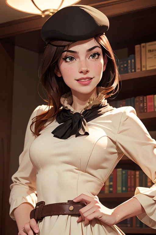 (masterpiece,stunning girlfriend, (standing:1.1), dynamic pose, heart shaped face, elegant face, beautiful face, highly detailed face, highly detailed skin, skin pores, subsurface scattering, realistic pupils, loving smile, looking at viewer, full face blush, full lips, detailed background, depth of field, atmospheric perspective, volumetric lighting, sharp focus, absurdres, realistic proportions, good anatomy, (realistic, hyperrealistic:1.4), 16k hdr, (masterpiece, best quality:1.2), cowboy shot, solo, 1girl, coco adel, grin, looking at viewer, hand on hip, beret, white dress, jewelry, belt, bandolier, sunglasses, standing on busy street corner, bookshop, crowd, ((sfw))