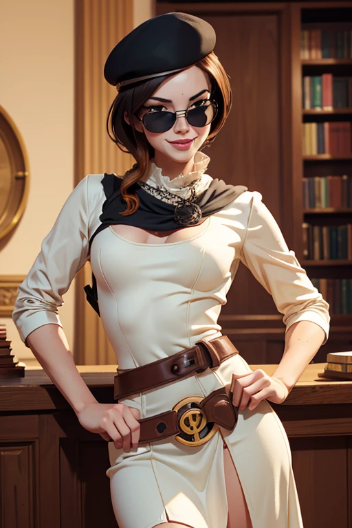 (masterpiece,stunning girlfriend, (standing:1.1), dynamic pose, heart shaped face, elegant face, beautiful face, highly detailed face, highly detailed skin, skin pores, subsurface scattering, realistic pupils, loving smile, looking at viewer, full face blush, full lips, detailed background, depth of field, atmospheric perspective, volumetric lighting, sharp focus, absurdres, realistic proportions, good anatomy, (realistic, hyperrealistic:1.4), 16k hdr, (masterpiece, best quality:1.2), cowboy shot, solo, 1girl, coco adel, grin, looking at viewer, hand on hip, beret, white dress, jewelry, belt, bandolier, sunglasses, standing on busy street corner, bookshop, crowd, ((sfw))