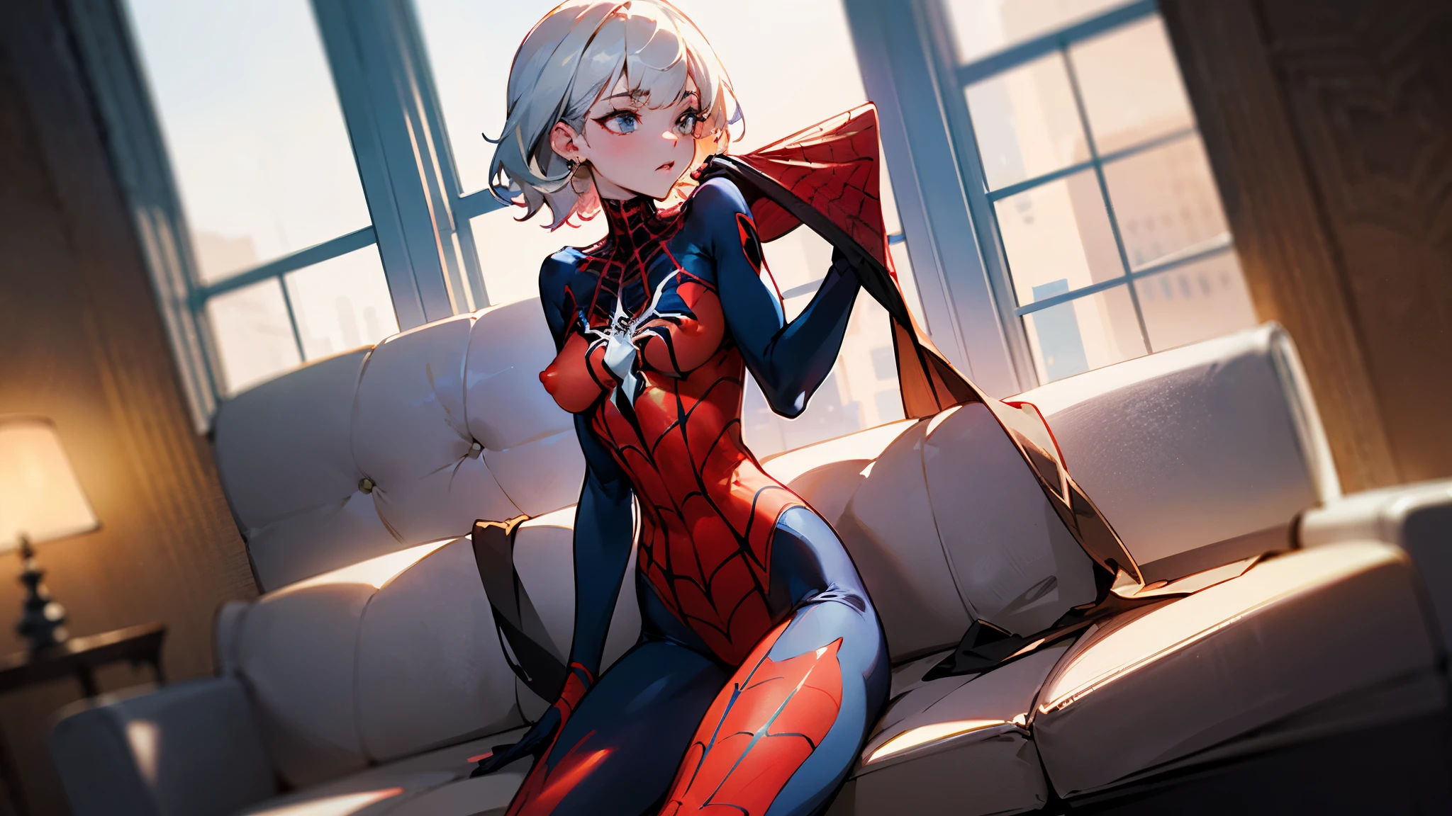 (Extreme Detail CG Unity 8K wallpaper, masterpiece, highest quality), (exquisite lighting and shadow, highly dramatic picture, cinematic lens effect), a sexy blonde haired girl with very small breasts in a white Spider-Man costume that she is undressing from revealing her bare breasts and nipples, undressing, silver-gray hair color, from the Spider-Man parallel universe, Wenger, Marvel, Spider-gwen, sitting on the couch, dynamic sexy pose), (excellent detail, outstanding lighting, wide angle), (excellent rendering, enough to stand out in its class), focus on white Spider-gwen costumes, complex spider textures, Perfect composition