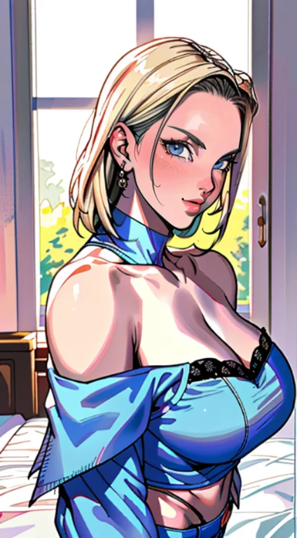 tmasterpiece, Best quality at best, ultra - detailed, absurderes, Portrait beautiful Android18DB, 独奏, 耳Nipple Ring, (比基尼:1.5),underdressing,jewely, (Off-the-shoulder attire:1.5),cleavage, upperbody closeup,ssmile, thongs, vests, clouds, Skysky, daysies, exteriors,Denim super shorts,best qualtiy, tmasterpiece, intricately details, Tone-mapping, Sharp focus, ultra - detailed, Artstati is the trend,lips, perfect face, blush, lover, huge breasts, perfect eyes, bedroom, lingerie