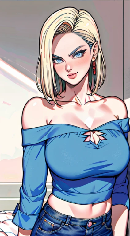 tmasterpiece， Best quality at best， ultra - detailed， absurderes， Portrait beautiful Android18DB， 独奏， 耳Nipple Ring， (比基尼:1.5)，underdressing，jewely， (Off-the-shoulder attire:1.5)，cleavage， upperbody closeup，ssmile， thongs， vests， ​​clouds， Skysky， daysies， exteriors，Denim super shorts，best qualtiy， tmasterpiece， intricately details， Tone-mapping， Sharp focus， ultra - detailed， Artstati is the trend，lips, perfect face, blush, lover, huge breasts, perfect eyes, bedroom, lingerie