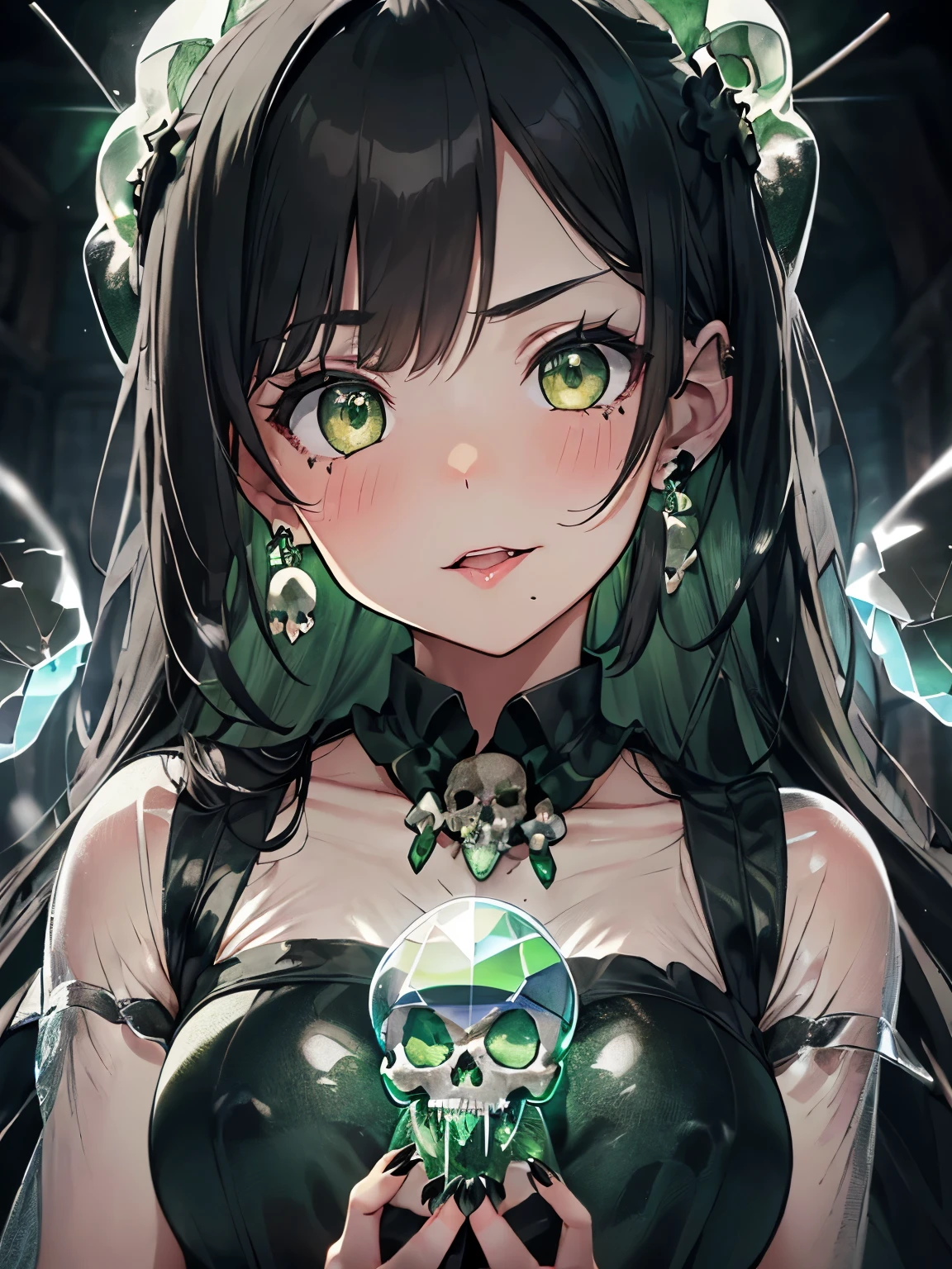 character//1 girl,(greenish shiny black hair:1.2),((Long curled hair:1.2)),(With bangs),((Green eyes that emit a suspicious light:1.3)),((eye size:1.3)),BREAK//(black witch-like robe:1.3),(dark green nails),(nails are sharp and long:1.4),((Necklaces and earrings that glow suspiciously in green:1.2)),BREAK//((transparent crystal in the shape of a skull:1.6)),((skull crystal size:1.6)),((Holding the Skull Crystal in both hands, his cheeks are pressed together.)),BREAK//((A pleasant face with lowered eyebrows)),((Watery eye:1.2)),((ahe face:1.5)),(blush),(tongue),((close up of face:1.2)),BREAK//((An antique room filled with green steam:1.3)),(((A dark place completely shrouded in darkness))),(nsfw),