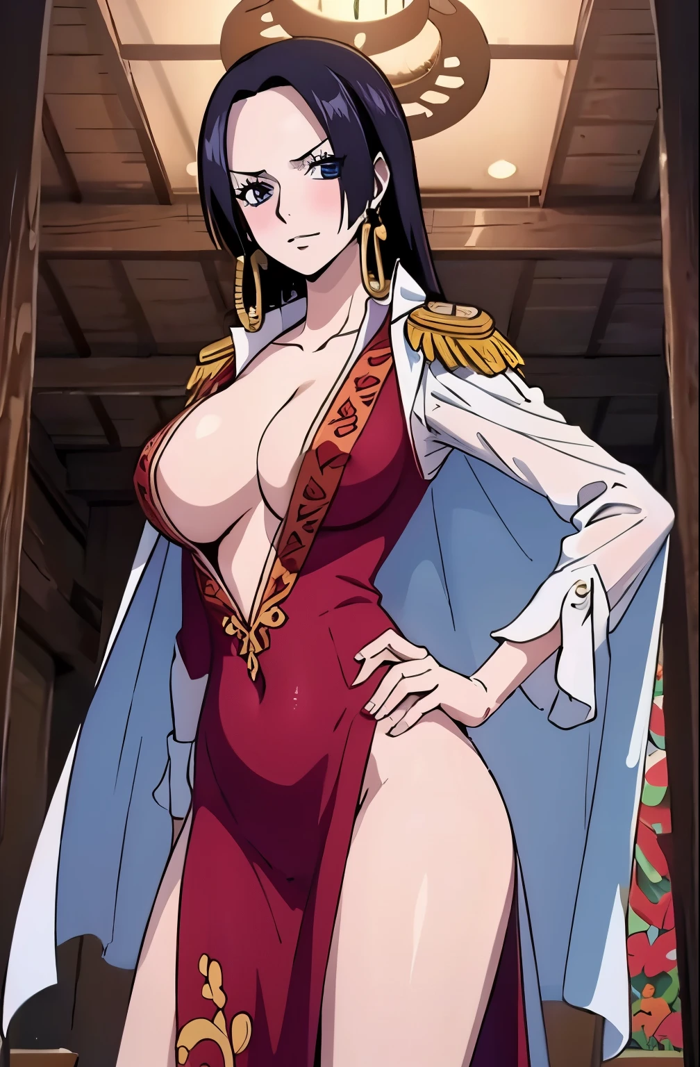 masterpiece, best quality, highres, hancock1, 1girl, boa hancock, large breasts, long hair, epaulettes, cape, side slit, cowboy shot, standing, looking at viewer, sexy pose, , hands behind, perfect finger, (nsfw:1.5)