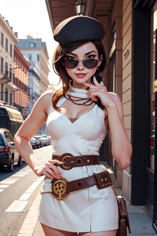(masterpiece,stunning girlfriend, (standing:1.1), dynamic pose, heart shaped face, elegant face, beautiful face, highly detailed face, highly detailed skin, skin pores, subsurface scattering, realistic pupils, loving smile, looking at viewer, full face blush, full lips, detailed background, depth of field, atmospheric perspective, volumetric lighting, sharp focus, absurdres, realistic proportions, good anatomy, (realistic, hyperrealistic:1.4), 16k hdr, (masterpiece, best quality:1.2), cowboy shot, solo, 1girl, coco adel, looking at viewer, hand on hip, beret, white dress, jewelry, belt, bandolier, sunglasses, standing on busy street corner, bookshop, crowd, ((sfw))