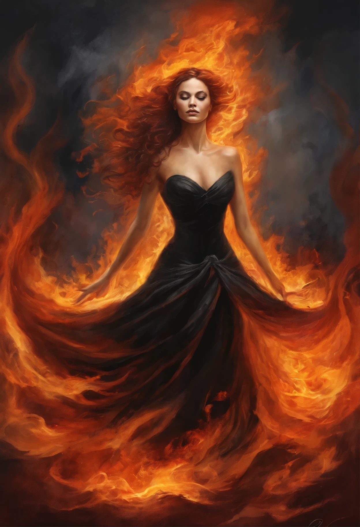 woman in a black dress sits on the ground covered in fire, flames surround her, engulfed in swirling flames, Goddess of Fire, fantasy art behance, enveloped in flames, her hair is made out of fire, she has fire powers, A dress made of fire, Dark Phoenix, appears as the goddess of fire, Surrounded by fire, her body made of flames