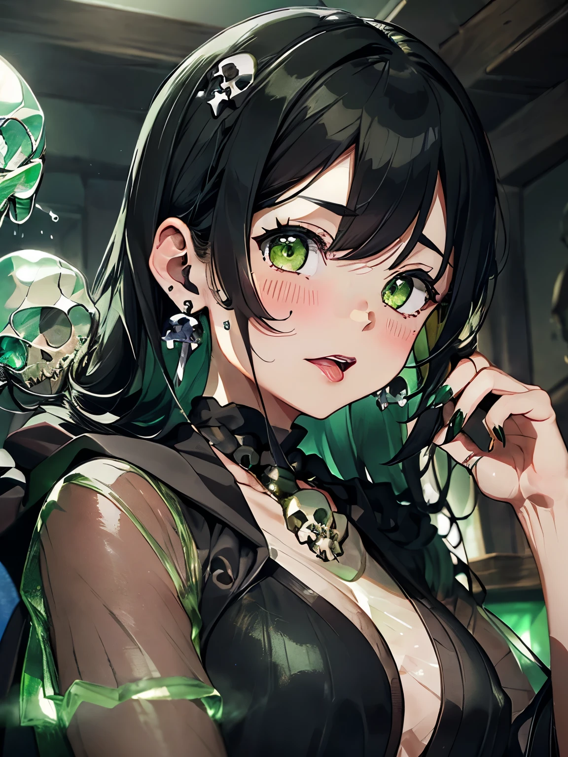 character//1 girl,(greenish shiny black hair:1.2),((Long curled hair:1.2)),(With bangs),((Green eyes that emit a suspicious light:1.3)),((eye size:1.6)),BREAK//(black witch-like robe:1.3),(dark green nails),(nails are sharp and long:1.4),((Necklaces and earrings that glow suspiciously in green:1.2)),BREAK//((transparent crystal in the shape of a skull:1.6)),((skull crystal size:1.6)),((Holding the Skull Crystal in both hands, his cheeks are pressed together.)),BREAK//(ecstasy look),(blush),(tongue licking),((close up of face:1.5)),BREAK//((An antique room filled with green steam:1.3)),(((A dark place completely shrouded in darkness)))