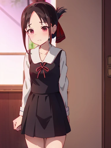 nsfw,Bedroom、standing position、whole body、lift up the skirt、flip the skirt、turn to the side、Turn your face away、Watery eye、blush、Kaguya Shinomiya、red eyes,red ribbon,hair ribbon,bangs,short hair,side lock,folded ponytail,black hair,parted bangs, Uniform of Shunaiin Gakuen,black dress,neck ribbon,clavicle,white sailor collar