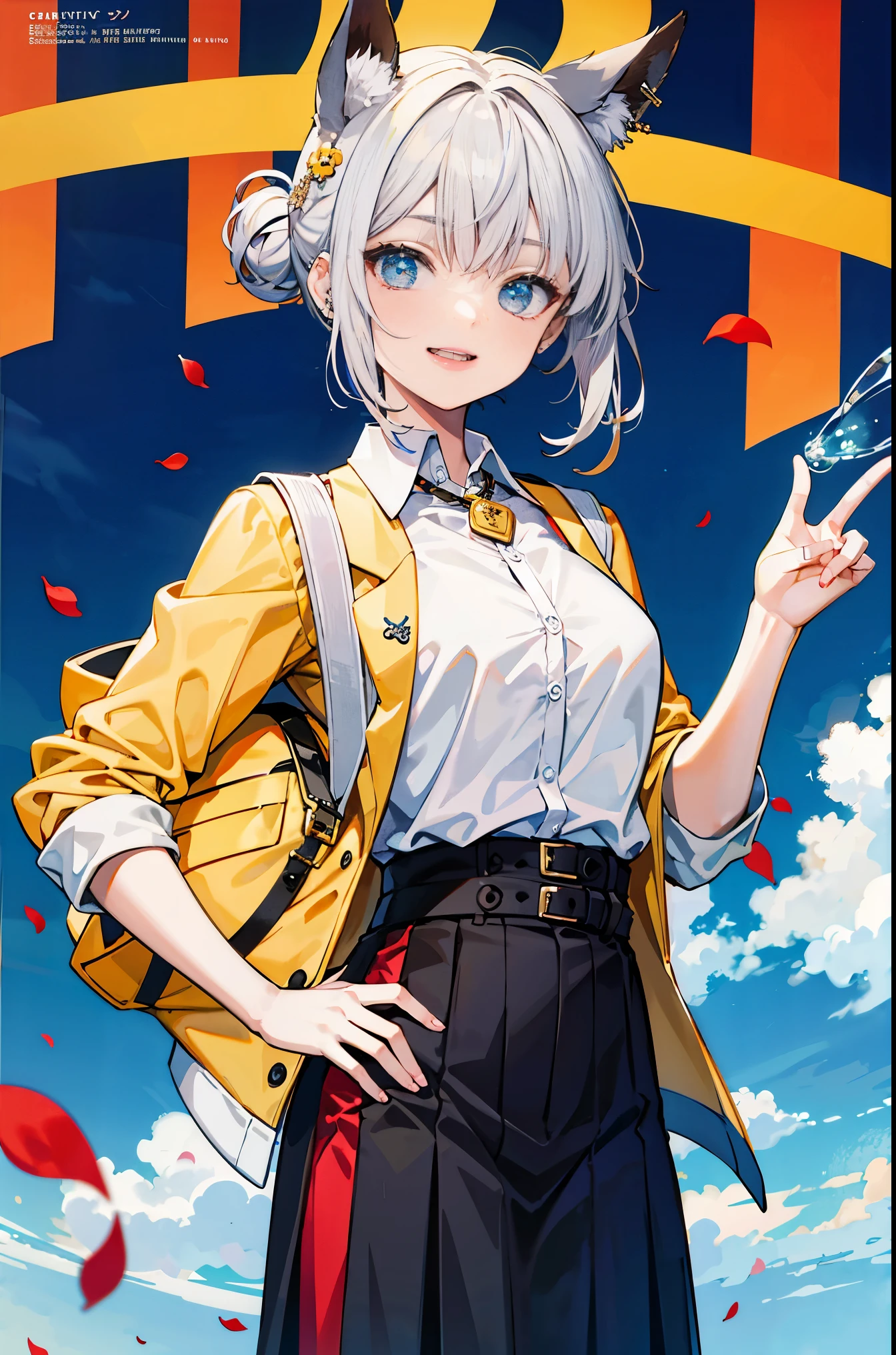 obra de arte, melhor qualidade, corpo todo, 1 garota, franja, black gargantilha, black gravata, cabelo loiro, blue saia, corar, pulseira, seios, gargantilha, clothes em volta waist, clavicle, collared camisa, tiro de vaqueiro, dress camisa, piercing de orelha, eyebrows visible through hair, cabelo gradiente, sorriso, melhorar, joia, kogal, Cabelo longo, olhando para o espectador, loose gravata, gravata, piercing, Xadrez, Xadrez saia, pleated saia, olhos vermelhos, anel, Uniforme escolar, camisa, saia, sorriso, Sozinho, white camisa, rua, sky, flores de cerejeira, Petals,illustration, (Revista:1.3), (cobrir-style:1.3), modaable, Mulher, vibrante, Roupa, posando, frente, colorida, dynamic, Fundo, elementos, confiante, expression, containment, declaration, accessory, majestoso, enrolado, em volta, Tocar, cena, texto, cobrir, audacioso, chamativo, Title, fashionable, Fonte, cativante, Title, maior, impressionante, moderno, Tendencies, foco, moda,