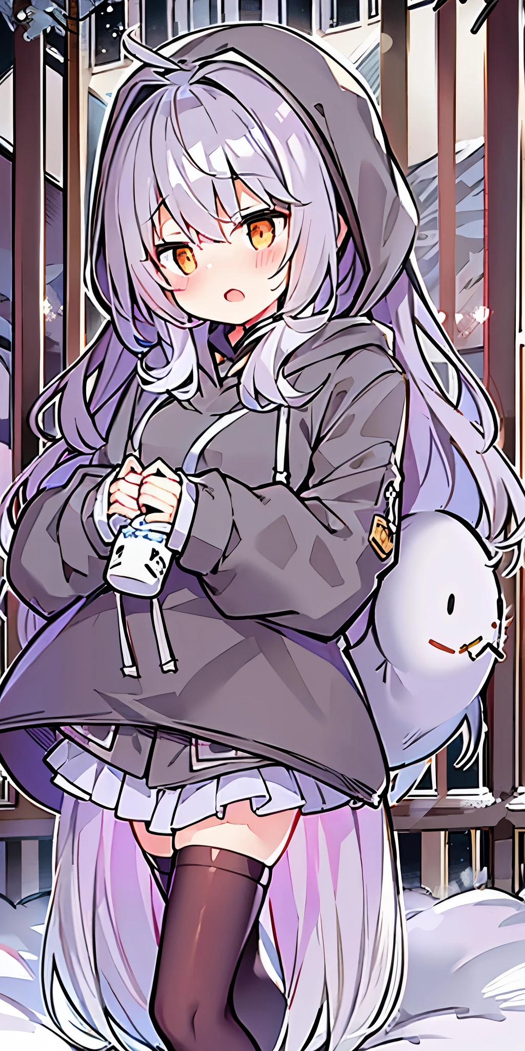 、long hair、cute、white stockings、Heart-shaped pupils、solo、gray hair、indoor、blush、winter、snow、outdoor,golden eyes、Ahoge、(((Black hoodie)))、
