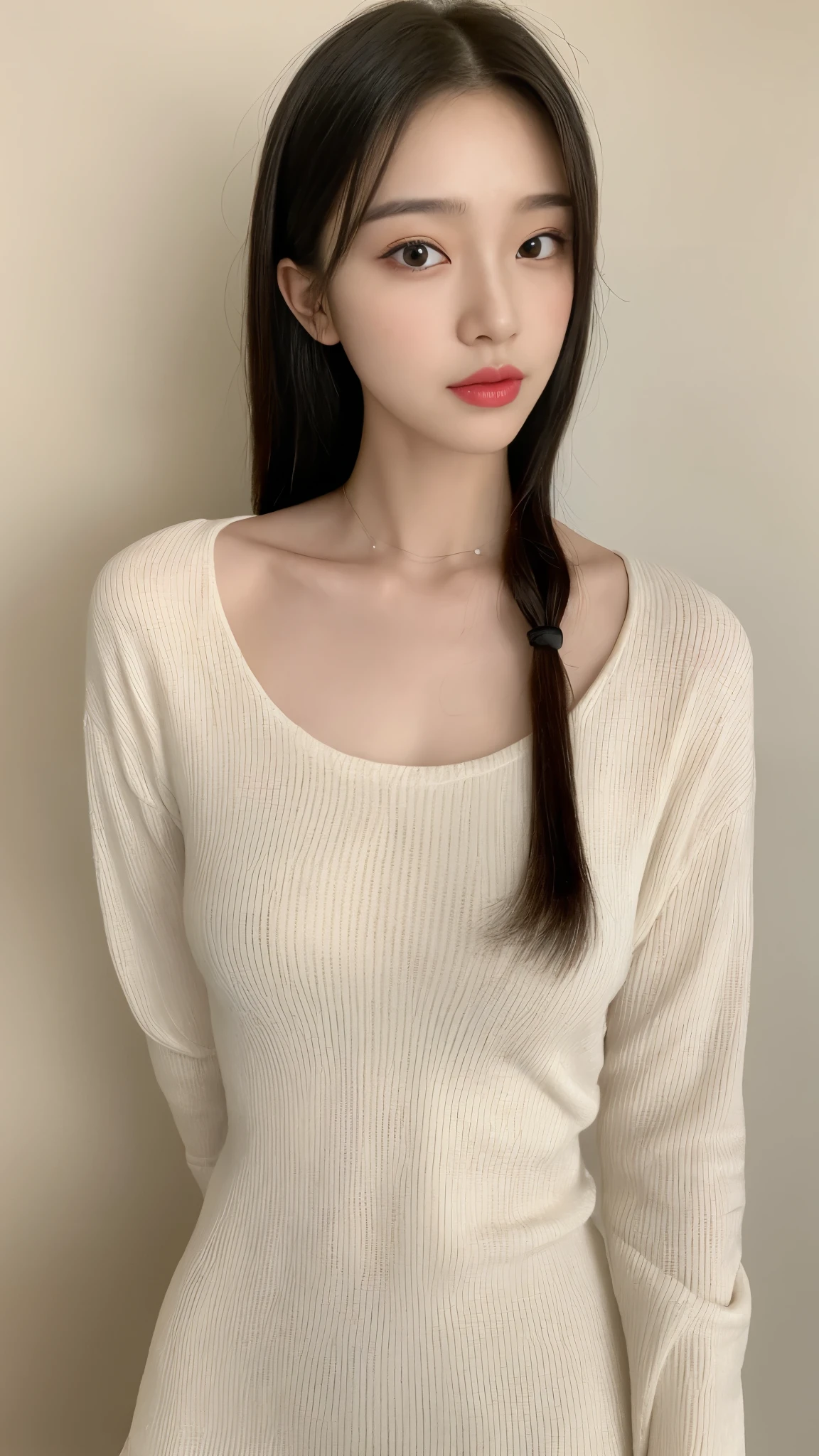 ((top quality, 8k, ​Masterpiece: 1.3)), 1 lady, 20 years, Korean female idol: 1.5, Beautiful woman with slender abs: 1.3, (Casual hairstyle, Full, large breasts: 1.1), S-shaped body, Full makeup: 1.1, dress:1.3, Super thin face, delicate eyes, double eyelids, Random location: 1:2