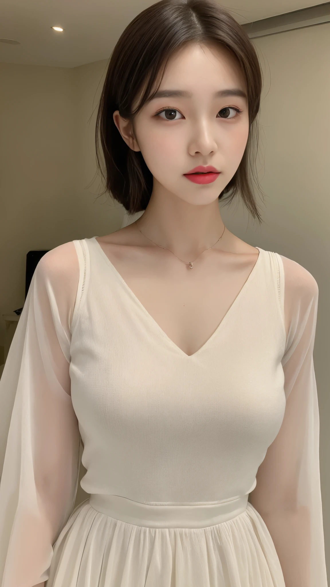 highest quality, masterpiece, Ultra-high resolution, realistic:1.3, solo:1.3, ((Clear Face)), cowboy shot, from front, leaning forward, (glowing skin), (looking at camera:1.3), (white blouse, black mini skirt), standing at street, (medium chest:1.3), long hair, smile, soft brightness