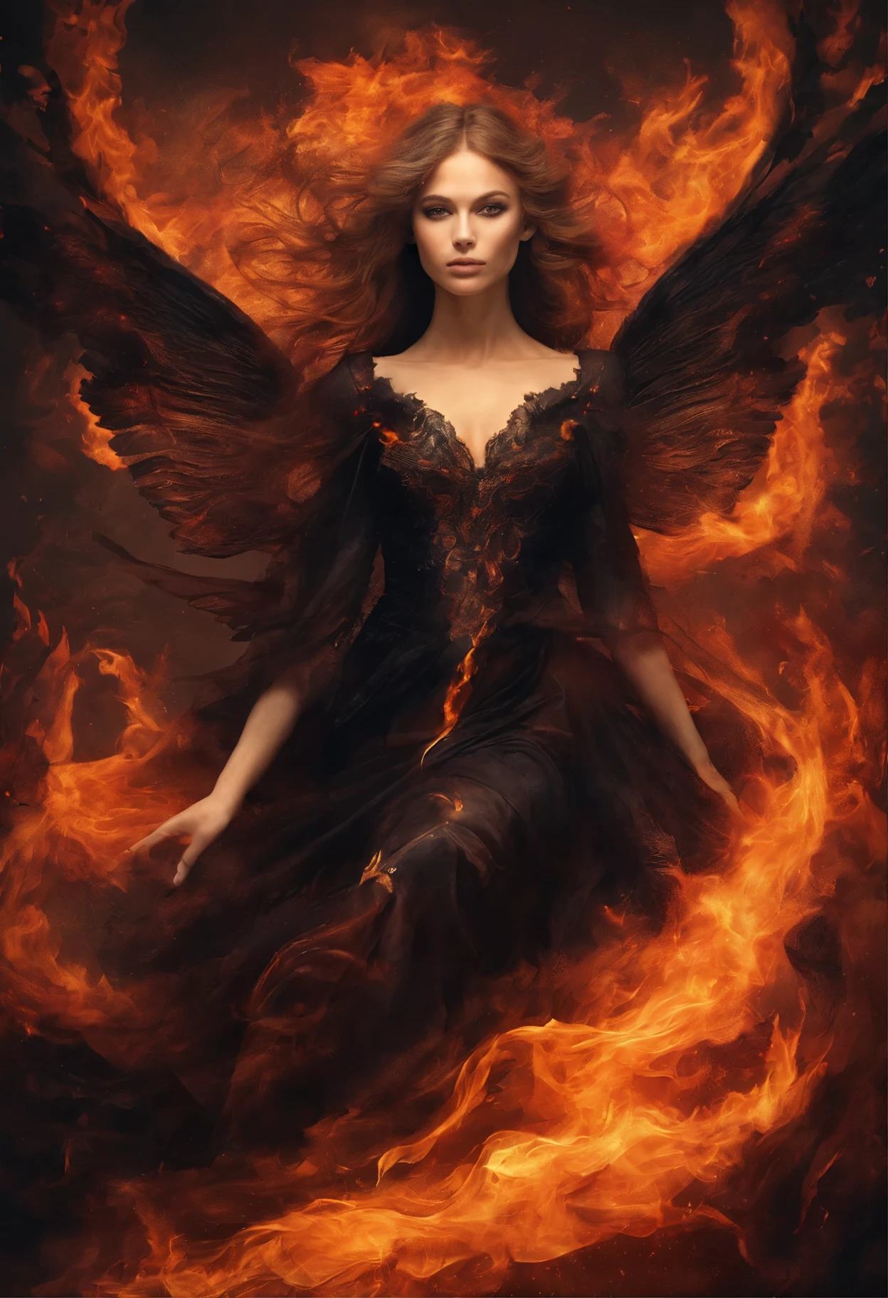 woman in a black dress sits on the ground covered in fire, flames surround her, engulfed in swirling flames, Goddess of Fire, fantasy art behance, enveloped in flames, her hair is made out of fire, she has fire powers, A dress made of fire, Dark Phoenix, appears as the goddess of fire, Surrounded by fire, her body made of flames