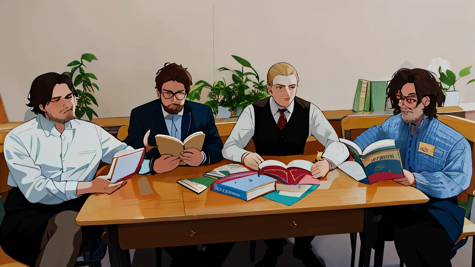 several people sitting at a table with books and papers, reading in the library, russian academic, russian academicism, book the library studying, yulia nevskaya, classroom, maxim shirkov, in a the library, alexandra fomina, student, private school, the library, aleksander rostov, Beautiful composition, author Maximilian Vanka, Anna Nikonova