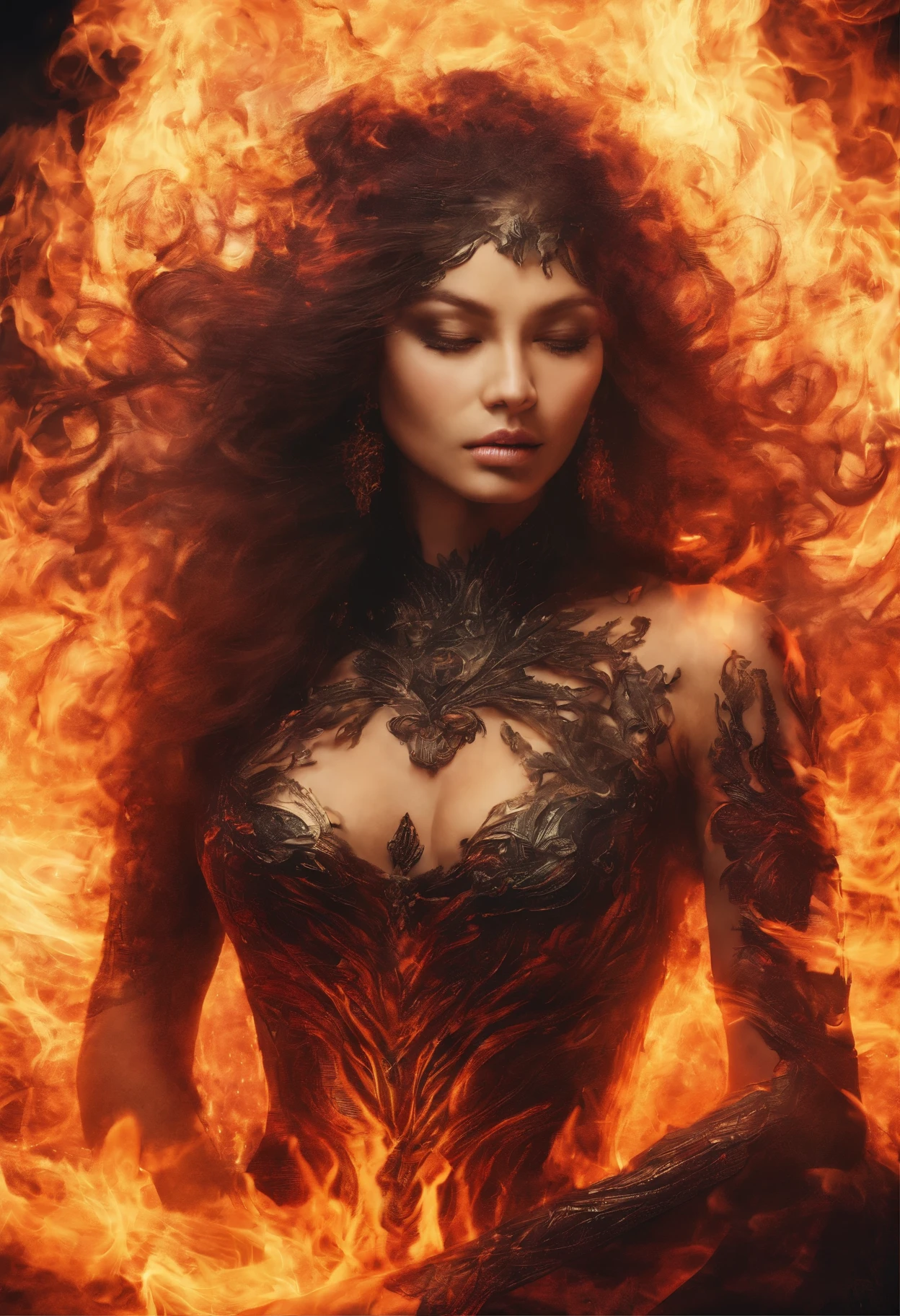 woman in a black dress sits on the ground covered in fire, flames surround her, engulfed in swirling flames, Goddess of Fire, fantasy art behance, enveloped in flames, her hair is made out of fire, she has fire powers, A dress made of fire, Dark Phoenix, appears as the goddess of fire, Surrounded by fire, her body made of flames