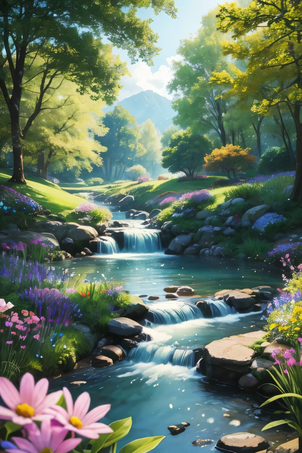 high-quality:1.2,clear,ultra-vivid colors,sharp focus,realistic lighting,extremely detailed,photorealistic,beautiful detailed eyes,beautiful detailed lips,longeyelashes,open landscape,hazy atmosphere,huge trees,rolling hills,vibrant flowers,soft sunlight,gentle breeze,walking path,peaceful environment,lush green grass,bright blue sky,clear water stream,colorful butterflies,fresh air,calm and serene,tranquil garden,relaxing ambiance,warm summer day,harmonious composition,picturesque scenery,lively and dynamic,engaging perspective,immersive experience