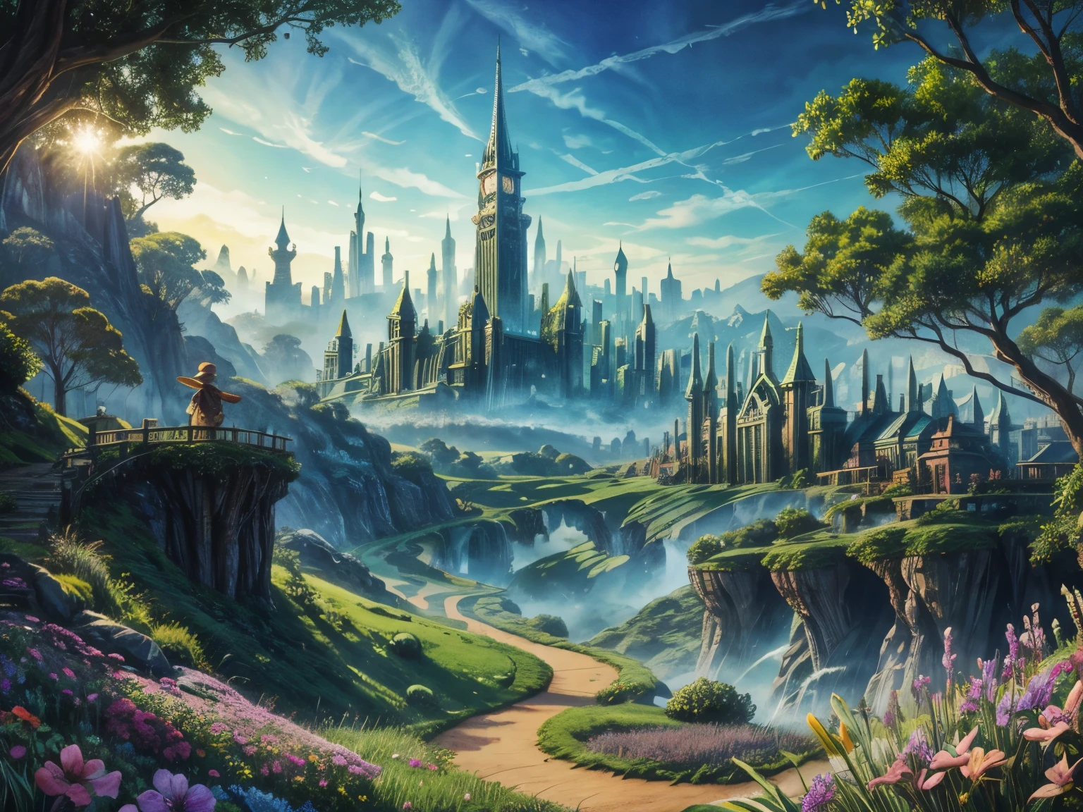 detailed texture, detailed environment, a watercolor painting of the emerald city of Oz from the Wizard of Oz with brilliant and bright colors