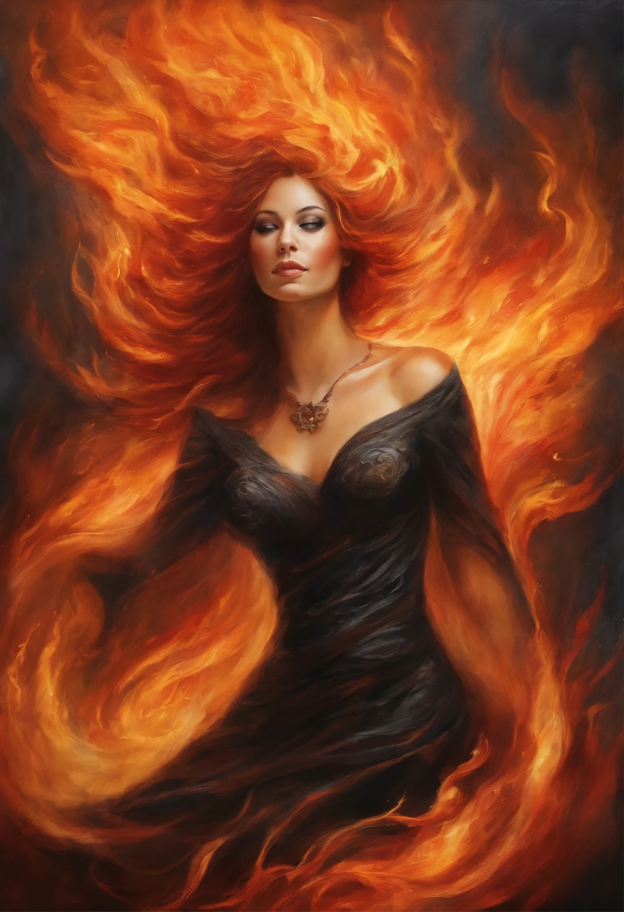 woman in a black dress sits on the ground covered in fire, flames surround her, engulfed in swirling flames, Goddess of Fire, fantasy art behance, enveloped in flames, her hair is made out of fire, she has fire powers, A dress made of fire, Dark Phoenix, appears as the goddess of fire, Surrounded by fire, her body made of flames