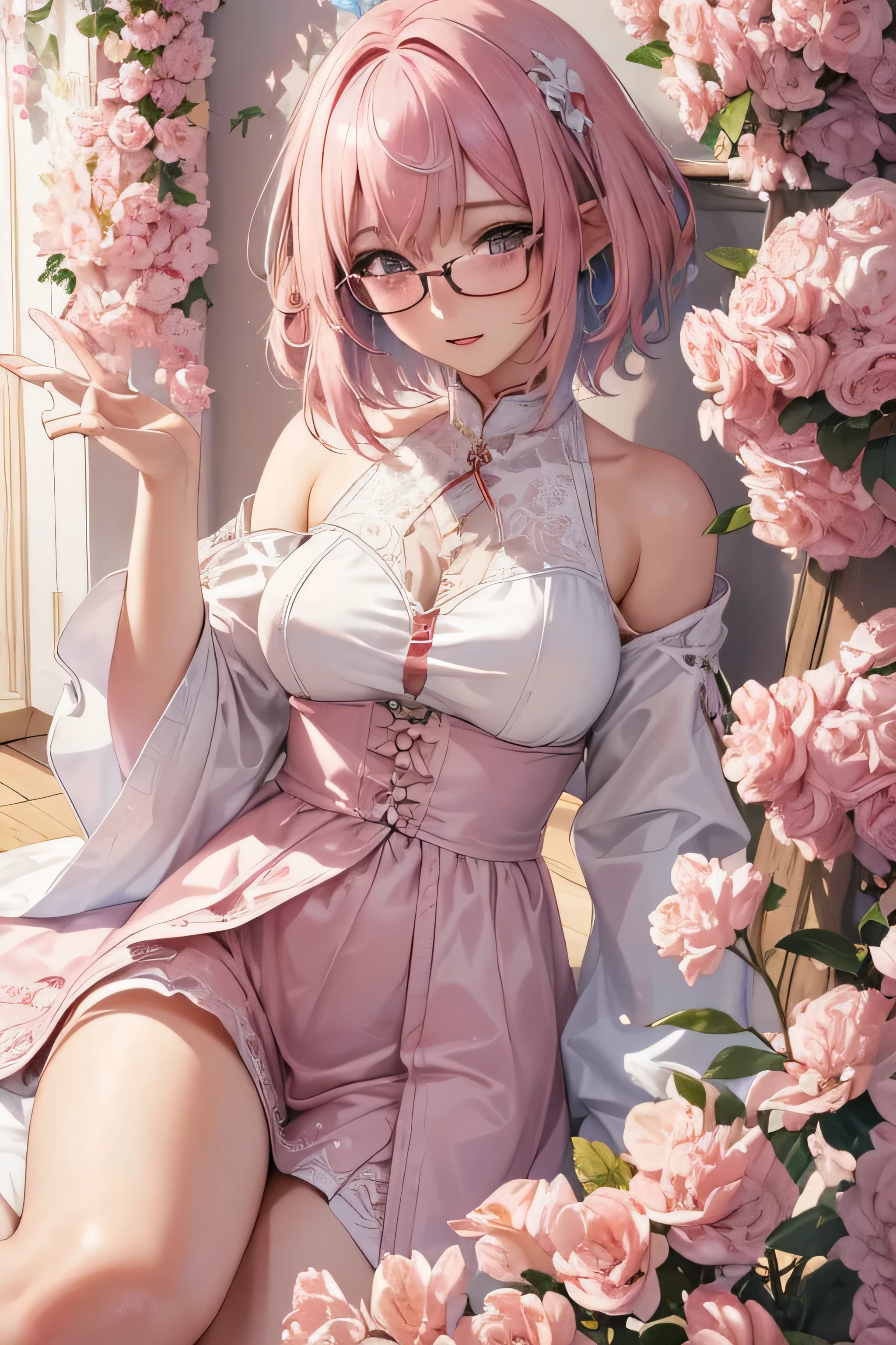 ************::1.5　(masterpiece, excellent quality, excellent quality, official art, beautiful and aesthetic: 1.2), (1 girl : 1.3), (fractal art: 1.3), (((milky pink hair：1.5)))short bob hair:1.2 、thick red glasses with small frames、、 [elf ears:0.7]、big breasts