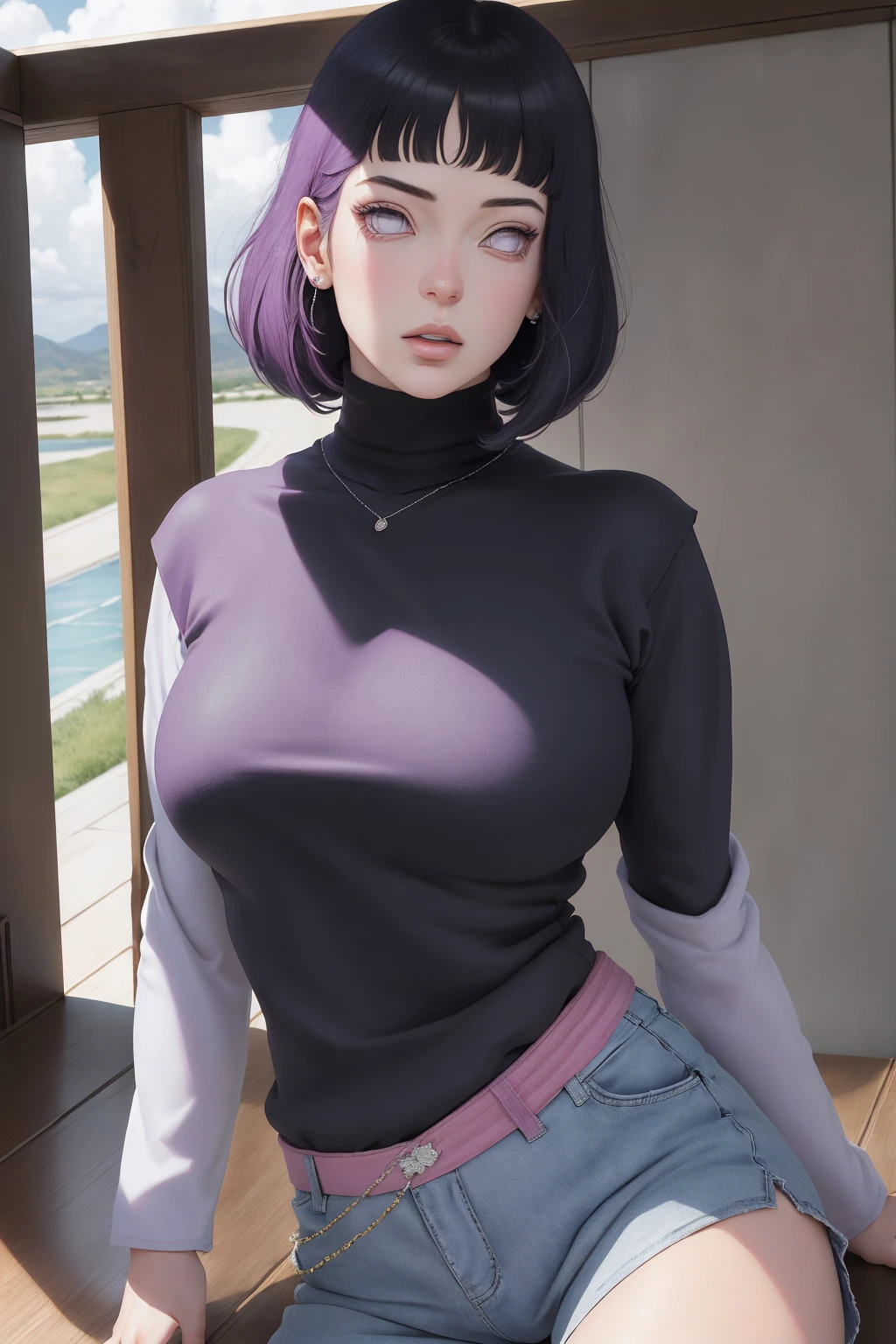 { - anatomy error} (Masterpiece - Ultra-detailed, very high resolution) , absurdos, Hinata\(Boruto\), 1girl, sozinho,Mature female, Capuz roxo,mangas em camadas, jeans, ao ar livre, Cloudy sky, perfect composition, circunstanciado lips, peito grande, beautiful face, body propotion, corar, (pink lips), cabelos pretos curto (black hair), lilac eyes, olhar suave, super realistic, circunstanciado, rosto e corpo realistas, Realistic hair, olhos realistas, nariz realista, realistic lips, anime, reading, writing, dynamic poses, closed mouth. Different Pose.