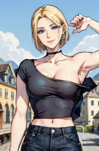 Blue jeans, ((black top)), young adult, European face structure, 20 years, blue eyes, beautiful eyes, short hair, ((blonde hair)), happy expression, big smile, mid sized chest, 5.2 feet tall, , less skin, masterpiece, european village background, nature background, old street background