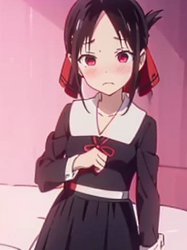 nsfw,Bedroom、standing position、whole body、skirt lift, skirt lift by myself, clothes lift、lift up the skirt、flip the skirt、turn to the side、Turn your face away、Watery eye、blush、Kaguya Shinomiya、red eyes,red ribbon,hair ribbon,bangs,short hair,side lock,folded ponytail,black hair,parted bangs, Uniform of Shunaiin Gakuen,black dress,neck ribbon,clavicle,white sailor collar