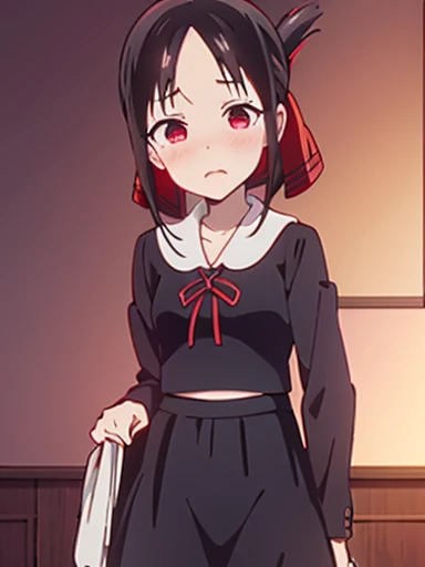 nsfw,Bedroom、standing position、whole body、skirt lift, skirt lift by myself, clothes lift、lift up the skirt、flip the skirt、turn to the side、Turn your face away、Watery eye、blush、Kaguya Shinomiya、red eyes,red ribbon,hair ribbon,bangs,short hair,side lock,folded ponytail,black hair,parted bangs, Uniform of Shunaiin Gakuen,black dress,neck ribbon,clavicle,white sailor collar