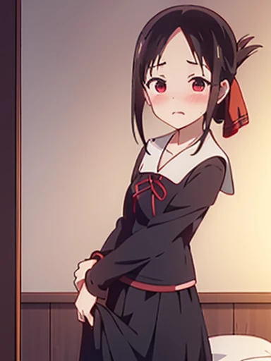 nsfw,Bedroom、standing position、whole body、skirt lift, skirt lift by myself, clothes lift、lift up the skirt、flip the skirt、turn to the side、Turn your face away、Watery eye、blush、Kaguya Shinomiya、red eyes,red ribbon,hair ribbon,bangs,short hair,side lock,folded ponytail,black hair,parted bangs, Uniform of Shunaiin Gakuen,black dress,neck ribbon,clavicle,white sailor collar