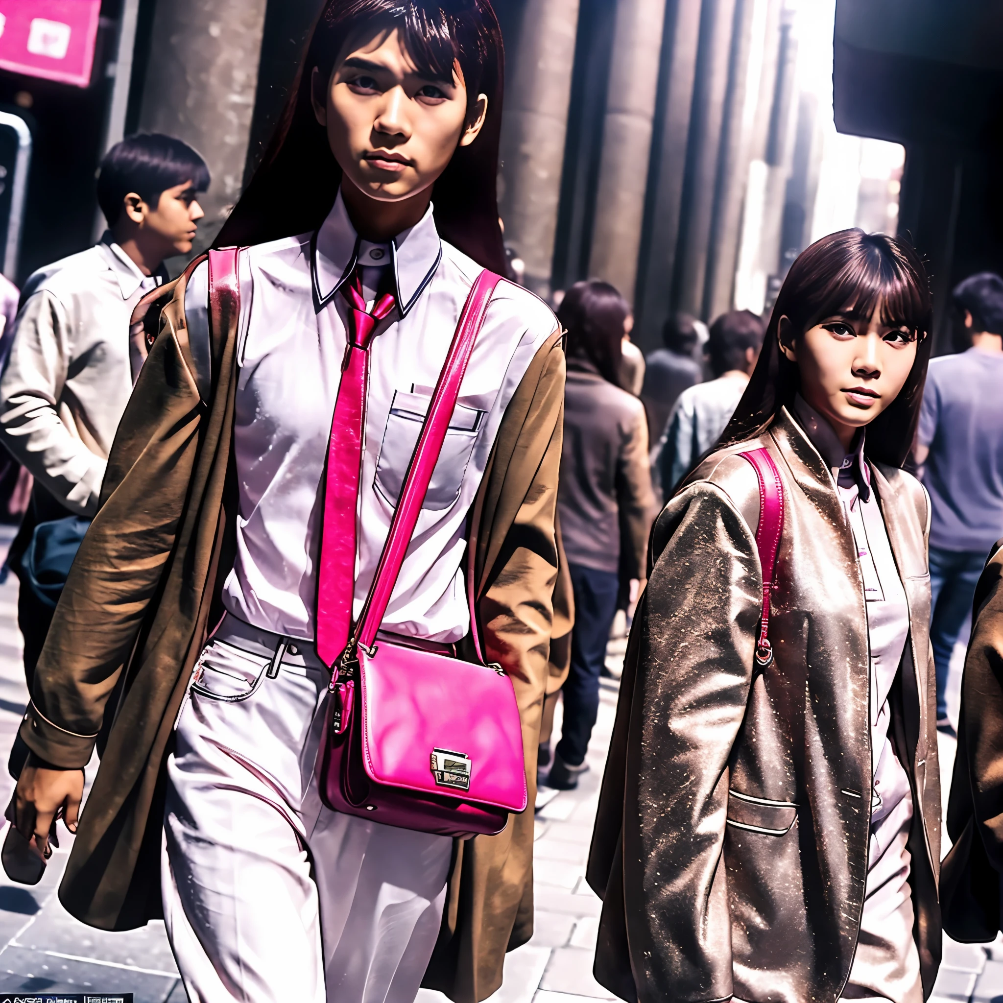 The down-and-out young man is walking on the bustling street with a pink leather bag in one hand and a sack on his shoulder.