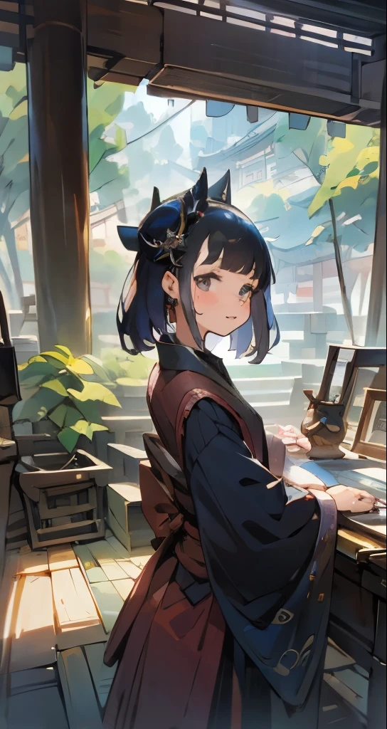 Cute female merchant selling magical items in a busy market,fantasic world,wearing robe,many goods display,masterpiece,soft line,cute face,(extremely delicate and beautiful work), ((masuter piece)), (Best Quality) 