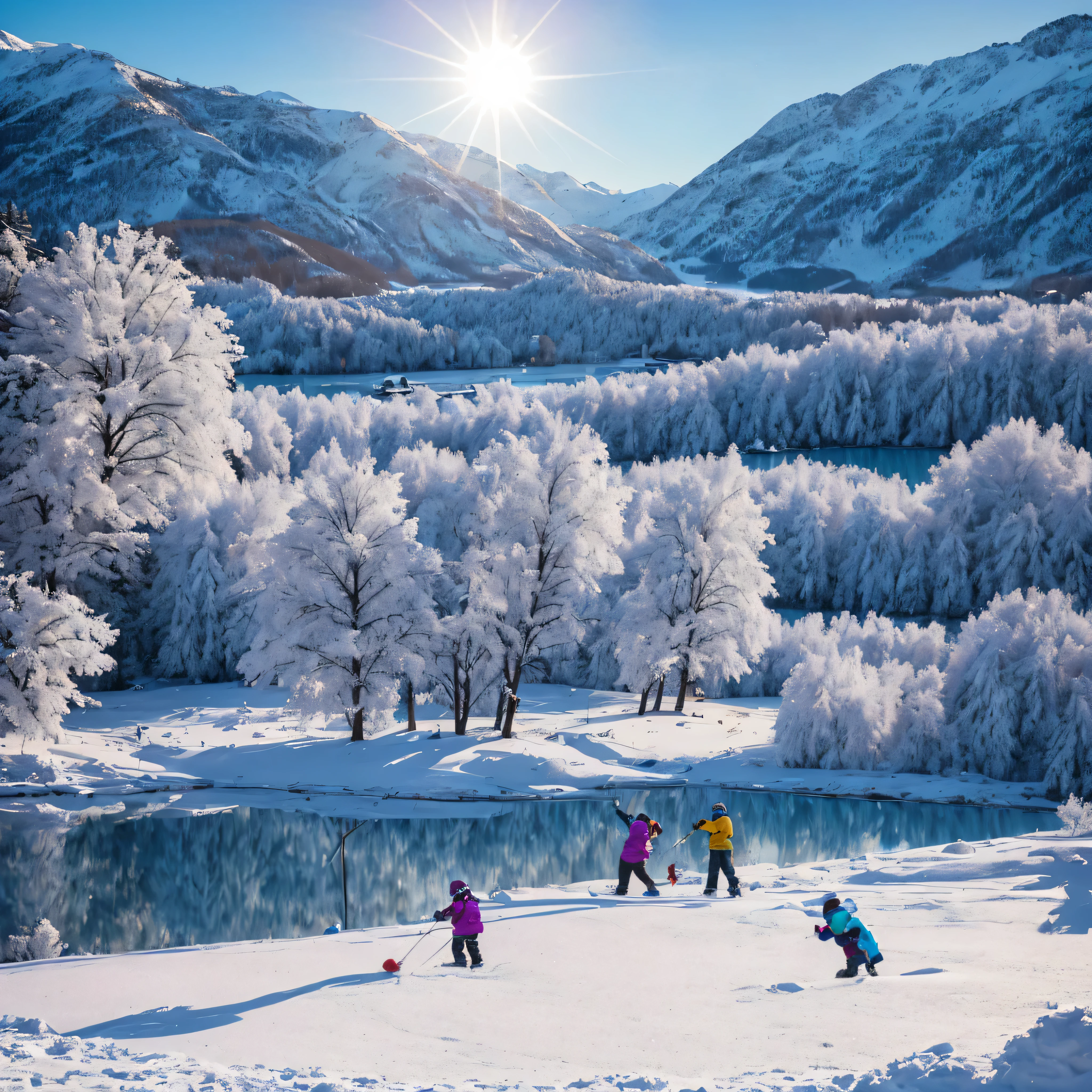 The Winter's Tale,lake,fun,Colorful,(Best quality,4K,8K,a high resolution,masterpiece:1.2),ultra detailed,(Realistic,photoRealistic,photo-Realistic:1.37), and snow,Shiny snowflakes,snow-covered trees,Sparkling icicles,beautifully carved sculptures, village houses in the distance, Cottages,snowy hills and mountains,замерзшее lake с детьми-катание на коньках,complex patterns in ,rays of sunlight, Breaking through the clouds, Bright and rich colors,Carnations, blues, magenta, and white,funny snowball fights and laughter