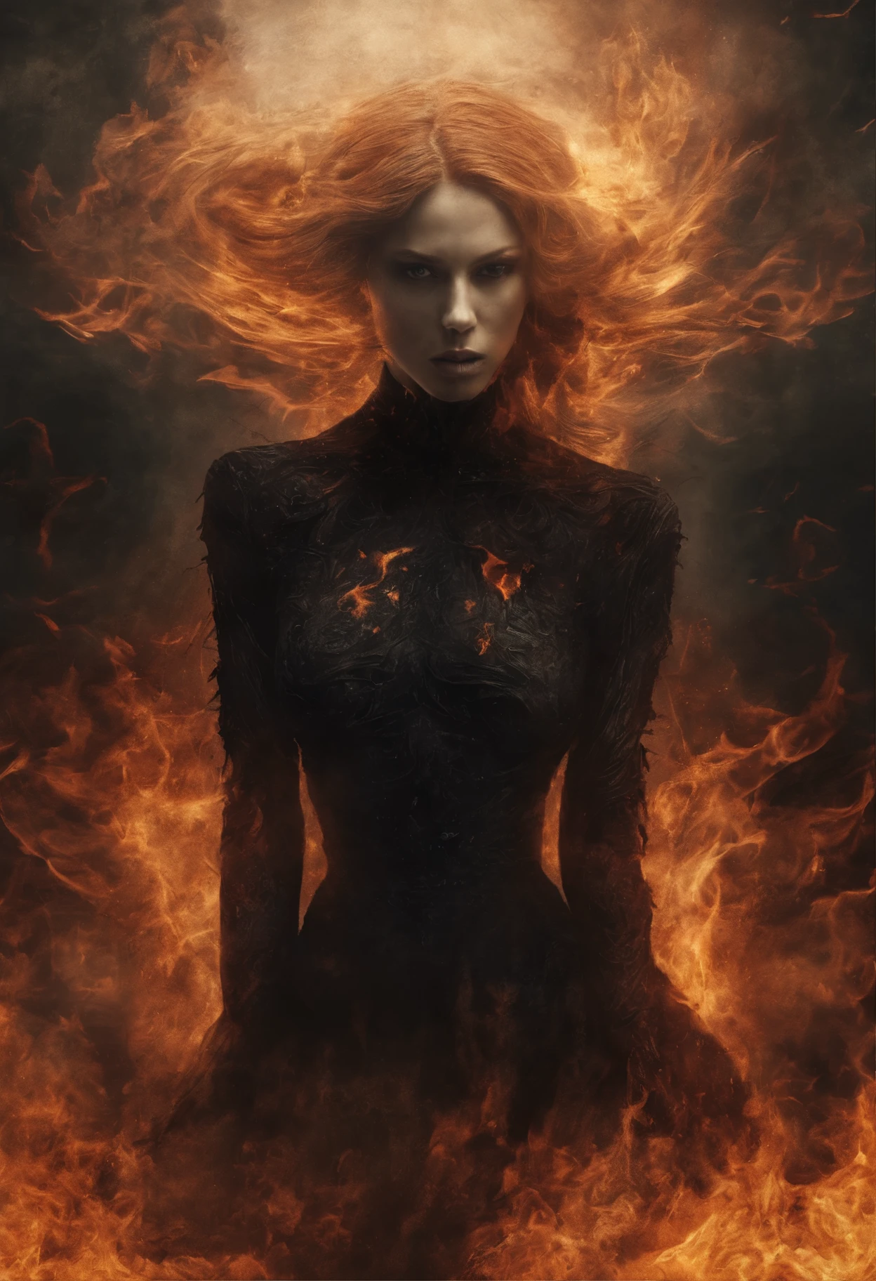 woman in a black dress sits on the ground covered in fire, flames surround her, engulfed in swirling flames, Goddess of Fire, fantasy art behance, enveloped in flames, her hair is made out of fire, she has fire powers, A dress made of fire, Dark Phoenix, appears as the goddess of fire, Surrounded by fire, her body made of flames