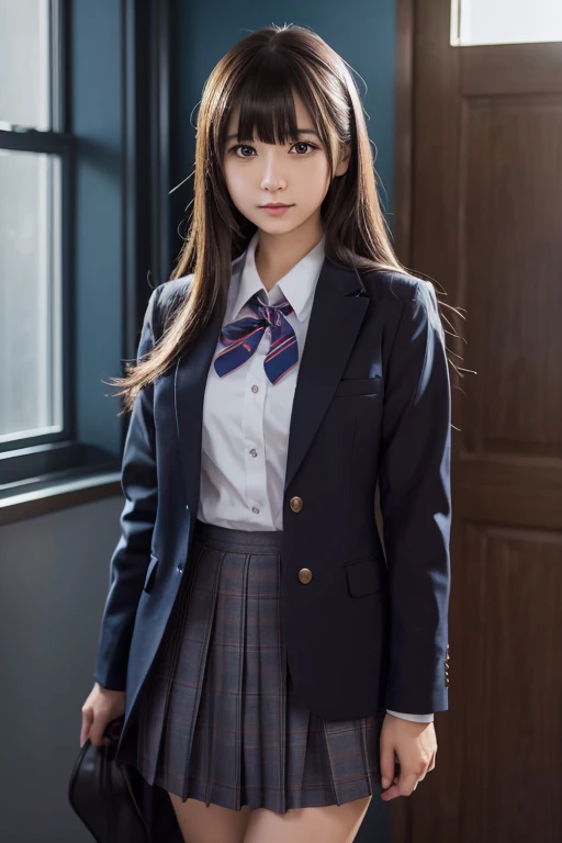 anime girl in school uniform standing in front of a window, an anime drawing by Jin Homura, trending on pixiv, serial art, beautiful anime high school girl, a hyper realistic , realistic high school girl, hyperrealistic high school girl, Cute girl anime visual, anime best girl, stand in class, jk uniform, Wearing school uniform uniform