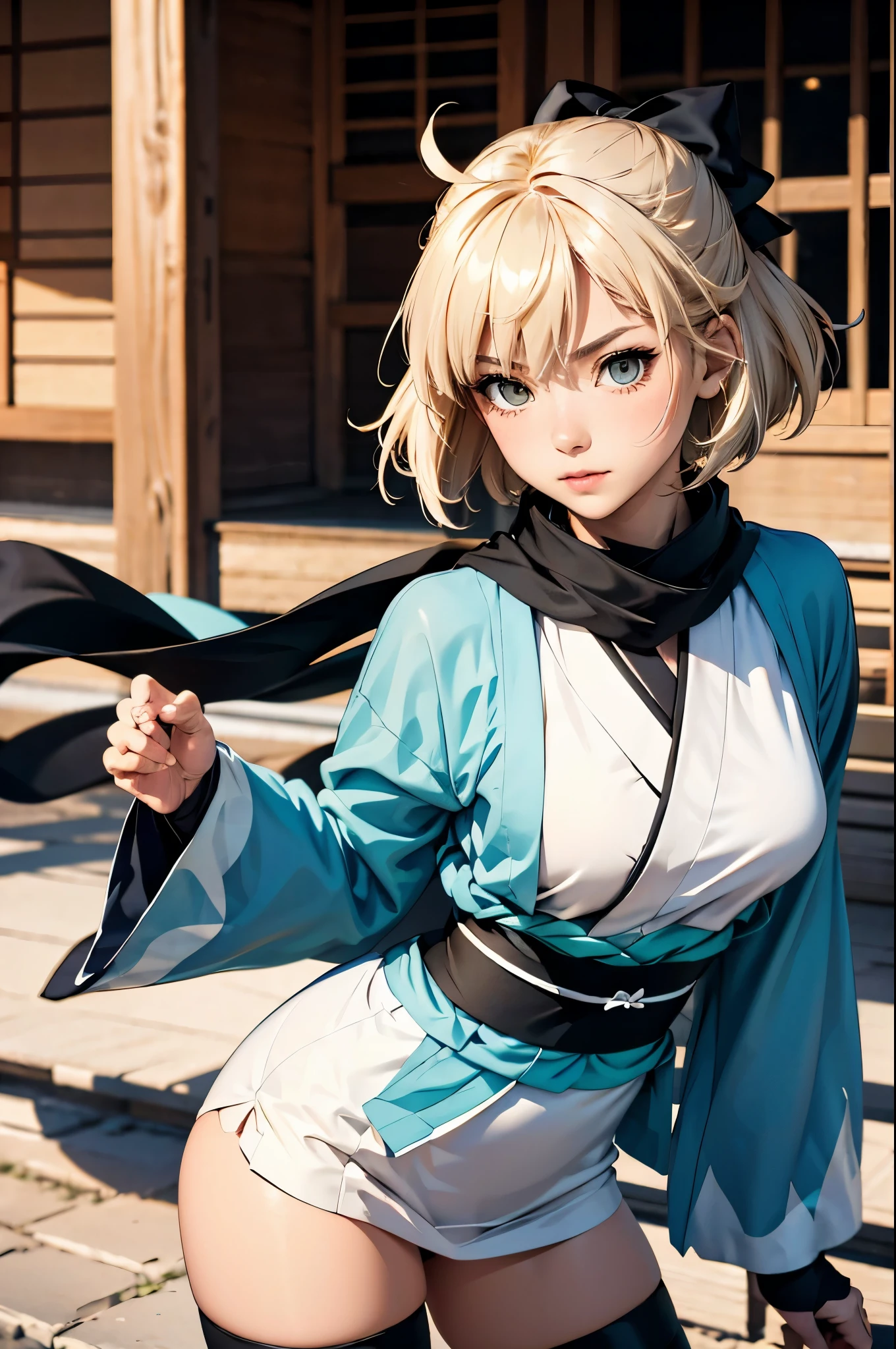 (masterpiece), best quality, expressive eyes, perfect face, highres, 1 girl, solo, okita souji, ahoge, arm guards,wide sleeves,toeless legwear,bangs,obi, white kimono, shinsengumi, black thighighs, yellow eyes,thighhighs , short kimono, haori, black bow, black scarf, short hair, ahoge, scarf, blonde hair, hairbow,bow, kimono,japanese clothes, standing, portrait, looking at the viewer