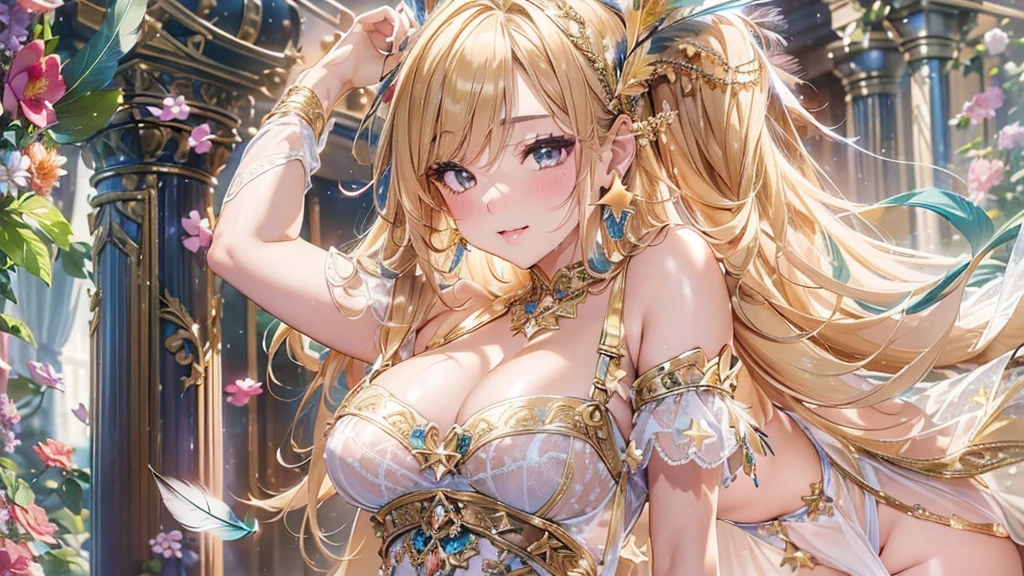 過去最高のmasterpiece、beautiful美しさ, 3D two-dimensional, rich, blonde, skirt, stockings, high heels, star、(Highly detailed CG Unity 8K wallpaper),(masterpiece), (最高quality), (Super detailed), (best work),(best shadow), (sharp eyeliner, eye shadow, fine eye:1.1), (超High resolution,realistic,最高quality,realistic),(8K,RAW photo,最高quality,star),mature woman、sensual curves、huge breasts、thighs、bubble、お尻のmasterpiece, 最高quality, Super detailed, full body shot, mature woman, beautiful mature woman, nightgown and underwear, enchanting smile, thick lips, Chubby lips, blush, looking at the viewer, provocative expression, beautifulhair型, cleavage, Plump、curvy hips、attractive face、sexy lingerie、an inviting gaze、Expression of emotions、Lewd underwear、(((erotic see-through lingerie set)))、Standing position、gorgeous accessories 、big breastsの女性, bare shoulders, 金色のhair, colored feather, metal ornaments, colored flowers, particle, light, (masterpiece, 最高quality, 最高quality, official art, beautiful and aesthetic:1.2), (1 girl:1.5), very detailed,(fractal art:1.1),(colorful:1.1)、(flowers:1.3),most detailed,(zentangle:1.2), (dynamic pose), (abstract background:1.3), (shiny skin), (lots of colors :1.4), ,(earrings:1.4), (feather:1.4),masterpiece, 最高quality, Super detailed, 30~40 years, full body shot, beautiful 、さまざまなhair型，gold headband，plump breasts，beautiful，greek clothing，Tulle covers the breasts，perfectly proportioned, detailed clothing details,marble，god statue，cinematic lighting, film grain, 8K, masterpiece, Super detailed, high detail, 高quality, High resolution,(((NSFW:1.2)))、exposed chest、Openwork decoration，(((see through dress)))、(((解剖学的に正しいbody))) , 最高quality, Super detailed, (((Lewd underwear)))、raise your butt, from below, (((R-18)))、thighs, big breasts, Are standing, cowboy shot, blush, (((1 girl))), (masterpiece:1.3), (High resolution), (8K), (very detailed), perfect face, Nice eye and face, (((最高quality))), (Super detailed), detailed face and eye, (alone), beautifuleye,(((sexy pose)))、(((整ったbig breasts)))、((beautiful eye))、luxury、(((超High resolution)))、(((detailed description)))、(((ぽっちゃりbody型)))、(((解剖学的構造に一致したbodyの部位)))、beautiful長いまつ毛、バランスのとれたbody型,2 feet、Just the right size for your legs and arms、Fishnet tights、glamorous、(((Clear white and black eye)))、lipstick、Sparkling、(Undistorted face, eye, body)、jewelry、gem、(長くカールしたbeautifulまつ毛)、(((バランス良いbeautiful胸)))、(transparent, Exquisite skin:1.2)、(((完璧なglamorousボディー)))、actress face、Super beautiful、Cute smile、Healing beauty、Flower shower、完璧なeye、realistic depiction、Super sexy、glossy、Glamorous、double eyelids、Good dark makeup、makeup、ぼやけていないeye , expensive_quality, expensive_solve, masterpiece*I wore, whitespace, colorful, 1 girl, alone, white_hair, prism hair, [pink|green] eye, gradient eye, multicolored eye, shine eye, shine, Sparkling, shine white particles, wind lift, full_body, Severe,