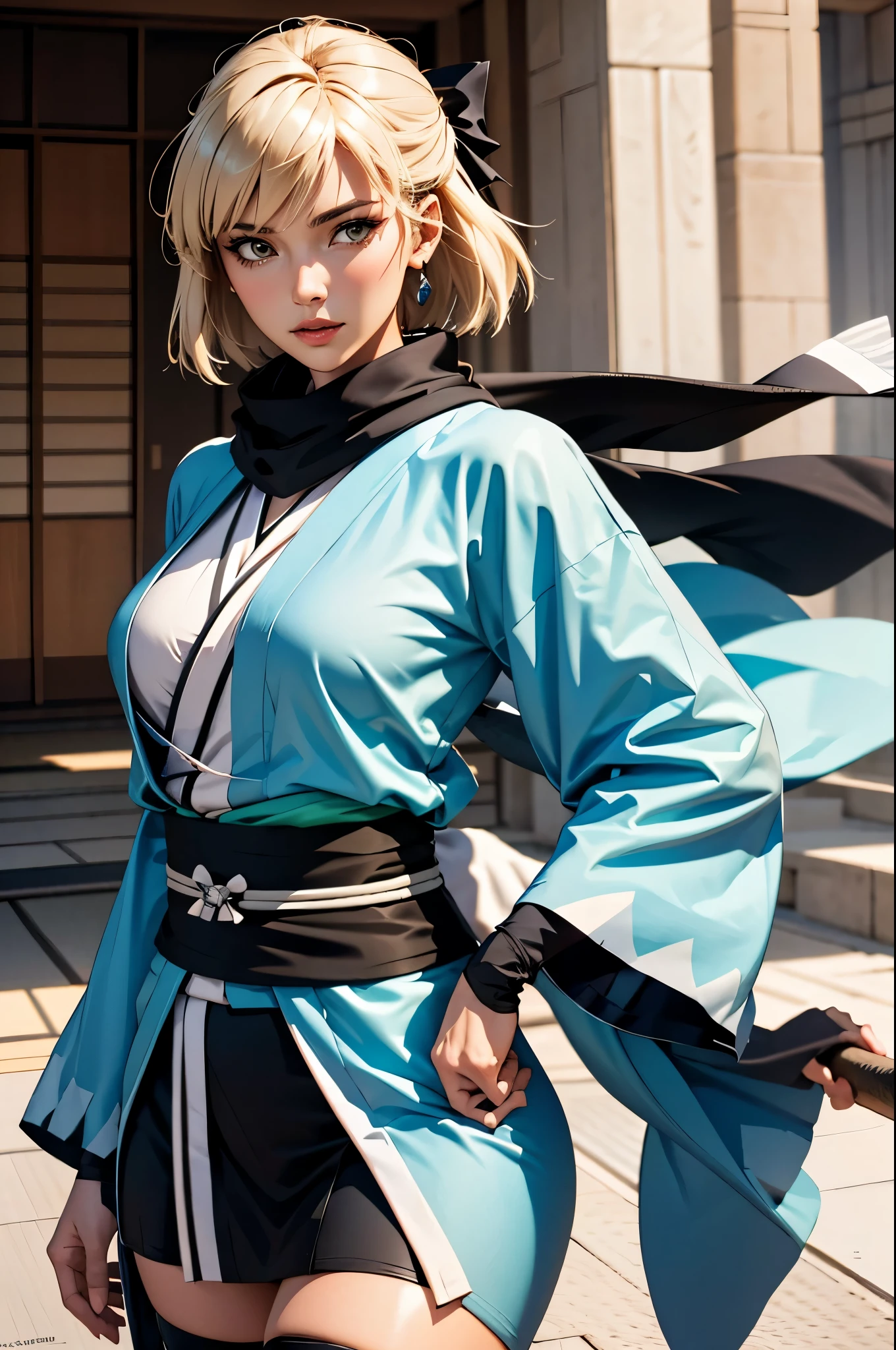 (masterpiece), best quality, expressive eyes, perfect face, highres, (big body:1.3), adult, 1 girl, solo, okita souji, ahoge, arm guards,wide sleeves,toeless legwear,bangs,obi, white kimono, shinsengumi, black thighighs, yellow eyes,thighhighs , short kimono, haori, black bow, black scarf, short hair, ahoge, scarf, blonde hair, hairbow,bow, kimono,japanese clothes, standing, portrait, looking at the viewer