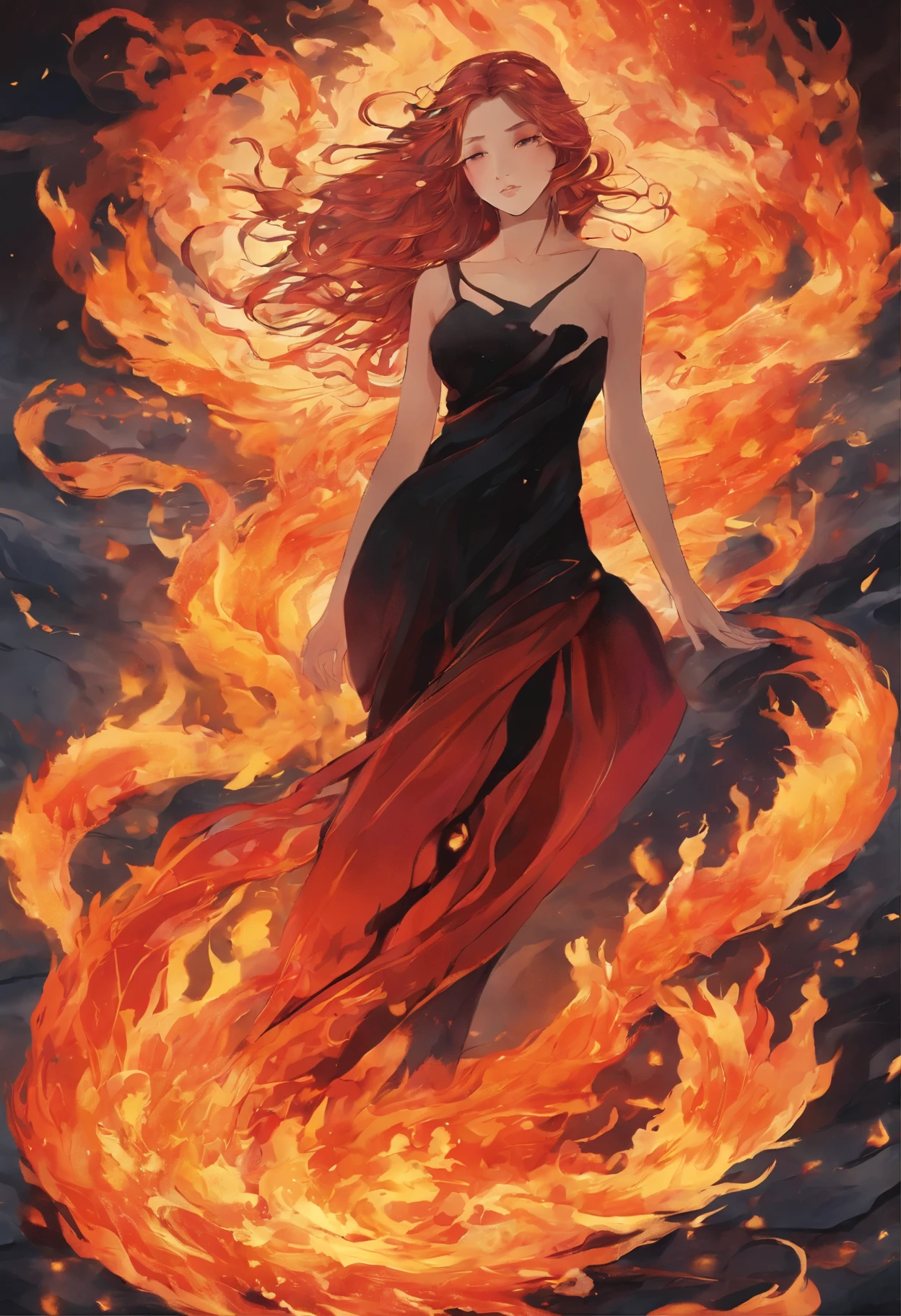woman in a black dress sits on the ground covered in fire, flames surround her, engulfed in swirling flames, Goddess of Fire, fantasy art behance, enveloped in flames, her hair is made out of fire, she has fire powers, A dress made of fire, Dark Phoenix, appears as the goddess of fire, Surrounded by fire, her body made of flames