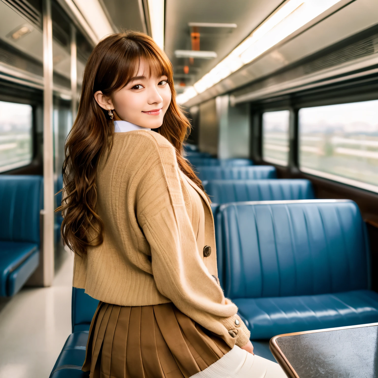 1 girl, very bright backlight, alone, {beautiful and detailed eyes}, autumn morning, big breasts, calm expression, natural soft light, delicate features, dull bangs, beautiful korean girl, smile in the eyes, very small earrings, 20-year-old, ((model pose)), glamorous figure,(colorful hair, half red hair、half brown hair:1.2),real hand, table top, highest quality, realistic, super detailed, in detail, High resolution,brown messy hair, perfect dynamic composition, beautiful and fine eyes, asian girl,((nervous and embarrassed)),sharp focus, beauty mix, movie girl,(smile:1.3),(Wearing a brown school blazer uniform,brown pleated skirt:1.3),(long hair:1.3),(sit on a train seat.:1.3),(close your eyes:1.3),(tilt one's head:1.1),(with legs spread:1.4),(put your hands behind your back:1.3),(I can see your pants:1.5),whole body