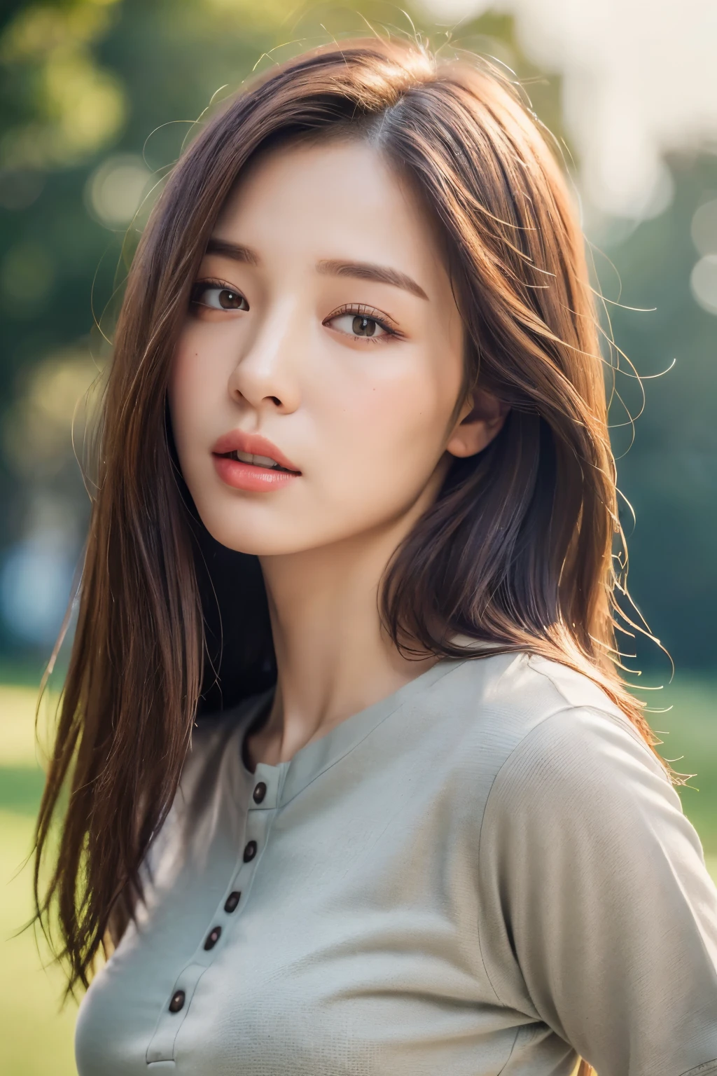 ((Best quality, 8k, Masterpiece :1.3)), sensual woman, 1girl, (firm body, slender figure :1.2), dark brown hair, (outdoor, henley shirt :1.1), ultra-detailed face, detailed lips, detailed eyes, double eyelid
