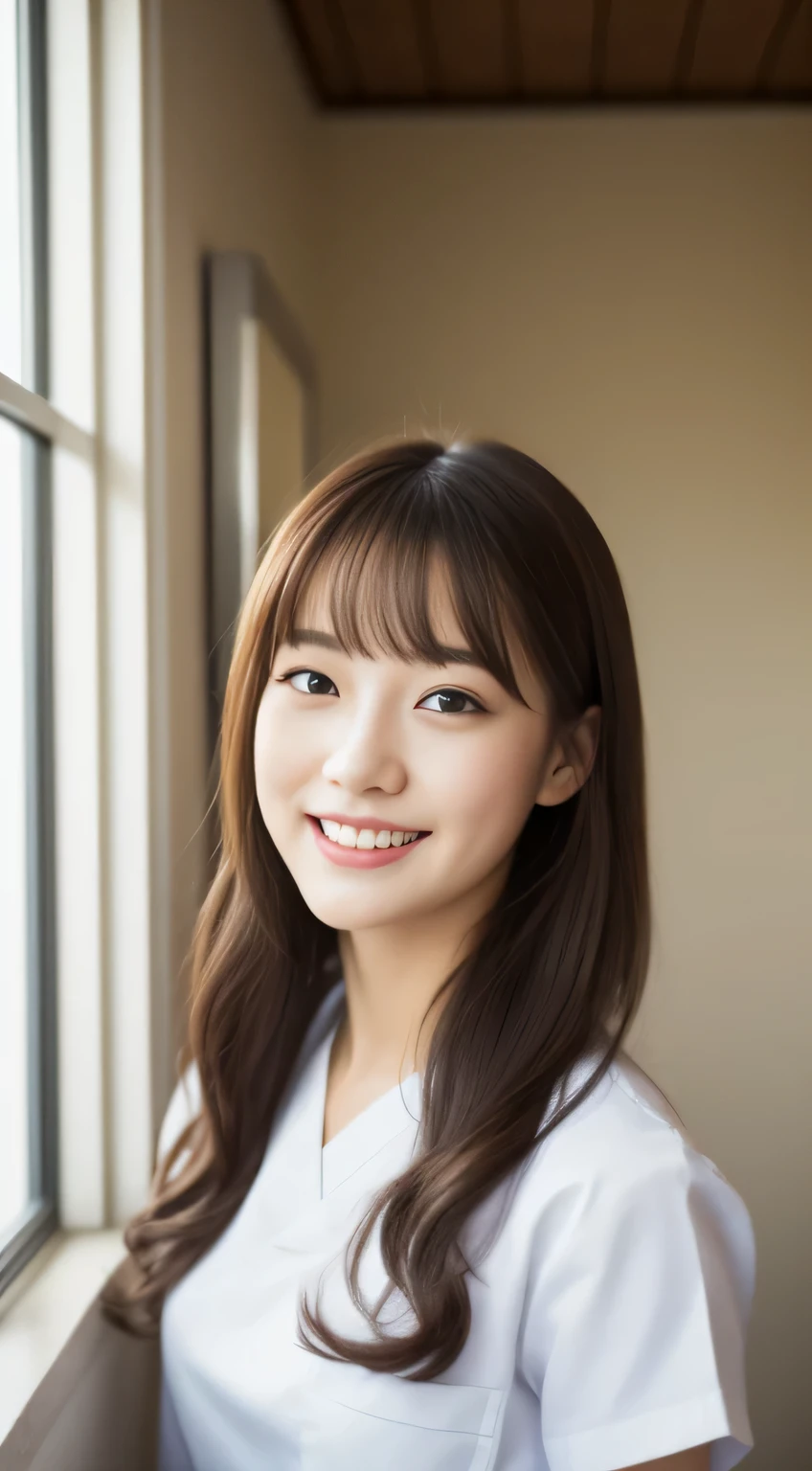 ((no makeup、close your mouth:1.2))、(realistic、Photoreal、Super detailed、best detailed skins、最high quality、masterpiece、ultra high resolution)、cute japanese woman、、high school girl、young girl、1 girl、have bangs、double eyelid、drooling eyes、Japanese style face、purity、double teeth、realistic肌タイプ、fluffy hair、nurse、high quality、超realistic、healthy、smile、Perfect slender figure、beauty of japan、beautiful eyes、beautiful skin、hospital room、On the windowsill