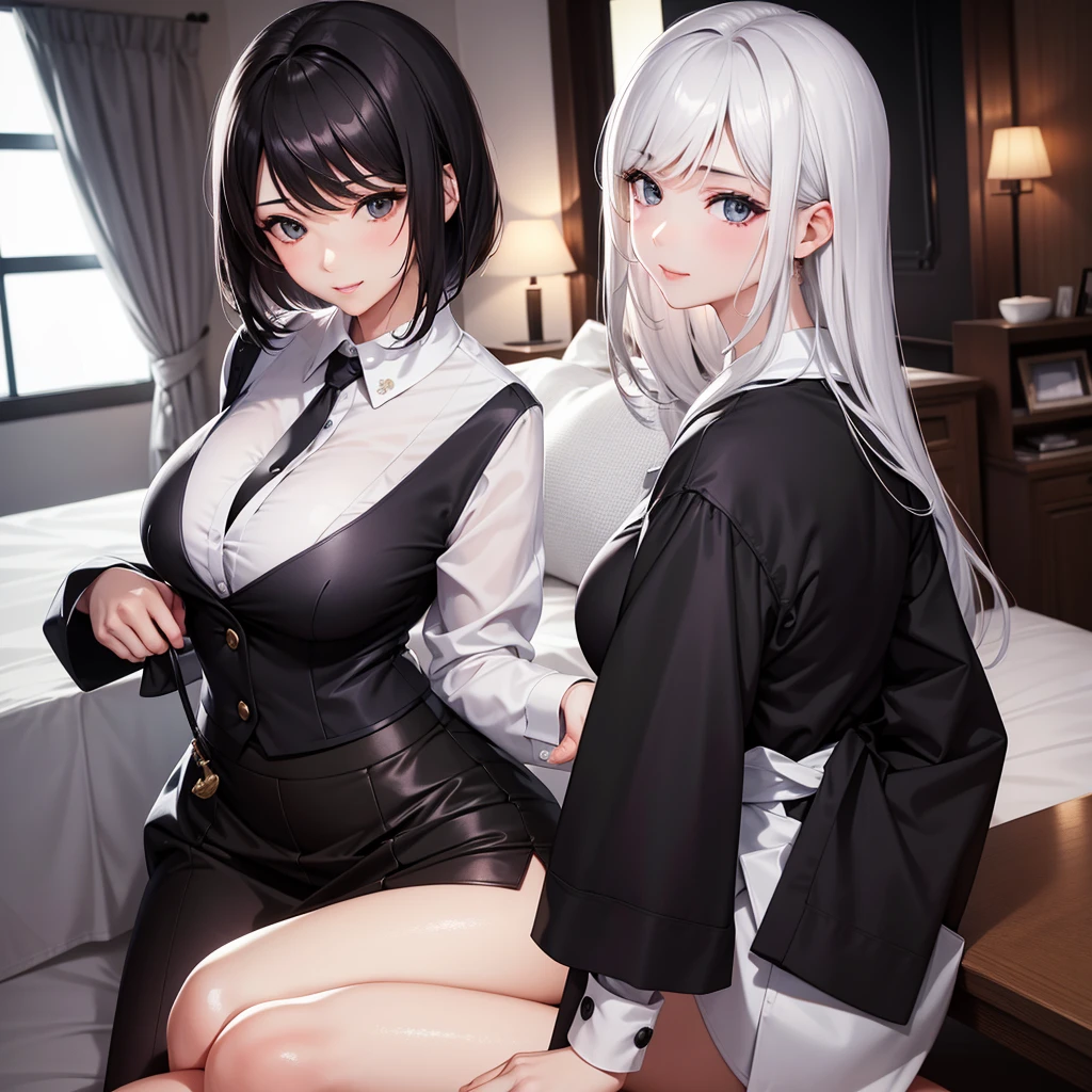 Highly detailed facial and skin texture, A detailed eye, 二重まぶた， seductiv，White color blouse，stewardess，cabelos preto e longos，Home，Black hip skirt，Big breasts don't leak， High-definition facial features，