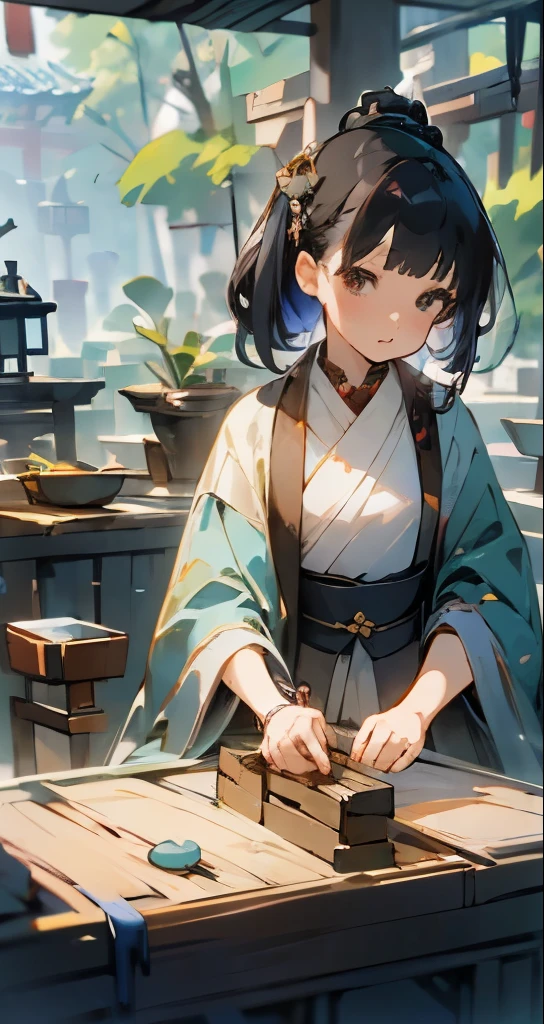 Cute female merchant selling magical items in a busy market,fantasic world,wearing robe,many goods display,masterpiece,soft line,cute face,(extremely delicate and beautiful work), ((masuter piece)), (Best Quality) 