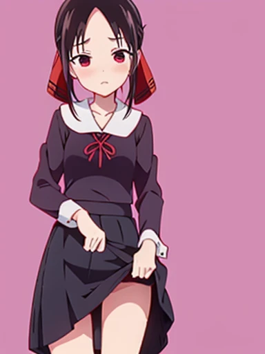 Bedroom、standing position、whole body、((((skirt lift))), (((skirt lift by myself))),((( clothes lift))))、lift up the skirt、flip the skirt、turn to the side、Turn your face away、Watery eye、blush、Kaguya Shinomiya、red eyes,red ribbon,hair ribbon,bangs,short hair,side lock,folded ponytail,black hair,parted bangs, Uniform of Shunaiin Gakuen,black dress,neck ribbon,clavicle,white sailor collar