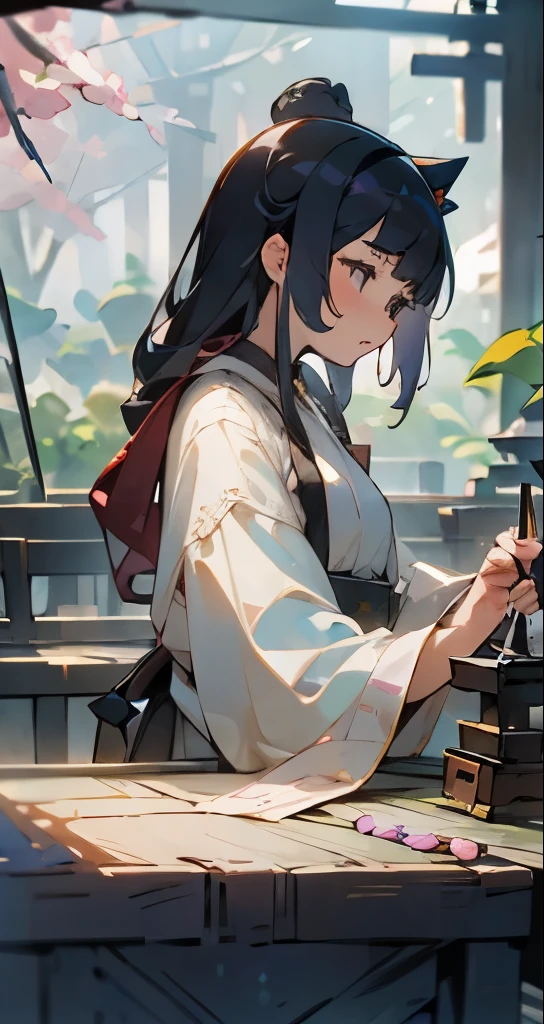 Cute female merchant selling magical items in a busy market,fantasic world,wearing robe,many goods display,masterpiece,soft line,cute face,(extremely delicate and beautiful work), ((masuter piece)), (Best Quality) 