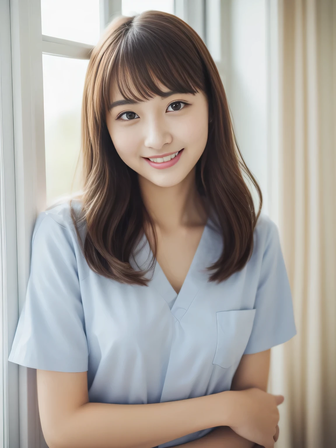 ((no makeup、close your mouth:1.2))、(realistic、Photoreal、Super detailed、best detailed skins、最high quality、masterpiece、ultra high resolution)、cute japanese woman、、high school girl、young girl、1 girl、have bangs、double eyelid、drooling eyes、Japanese style face、purity、double teeth、realistic肌タイプ、fluffy hair、nurse、high quality、超realistic、healthy、smile、Perfect slender figure、beauty of japan、beautiful eyes、beautiful skin、hospital room、On the windowsill