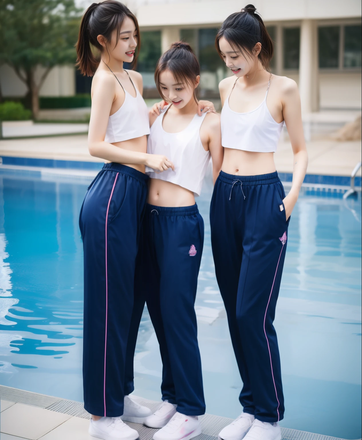 3 girls in the swimming pool, black underwear,Navy Long Trackpant,Sweatpants, Sweatpantsขายาว,25 year old girl, lesbian, sexy, exercise clothes, wet body