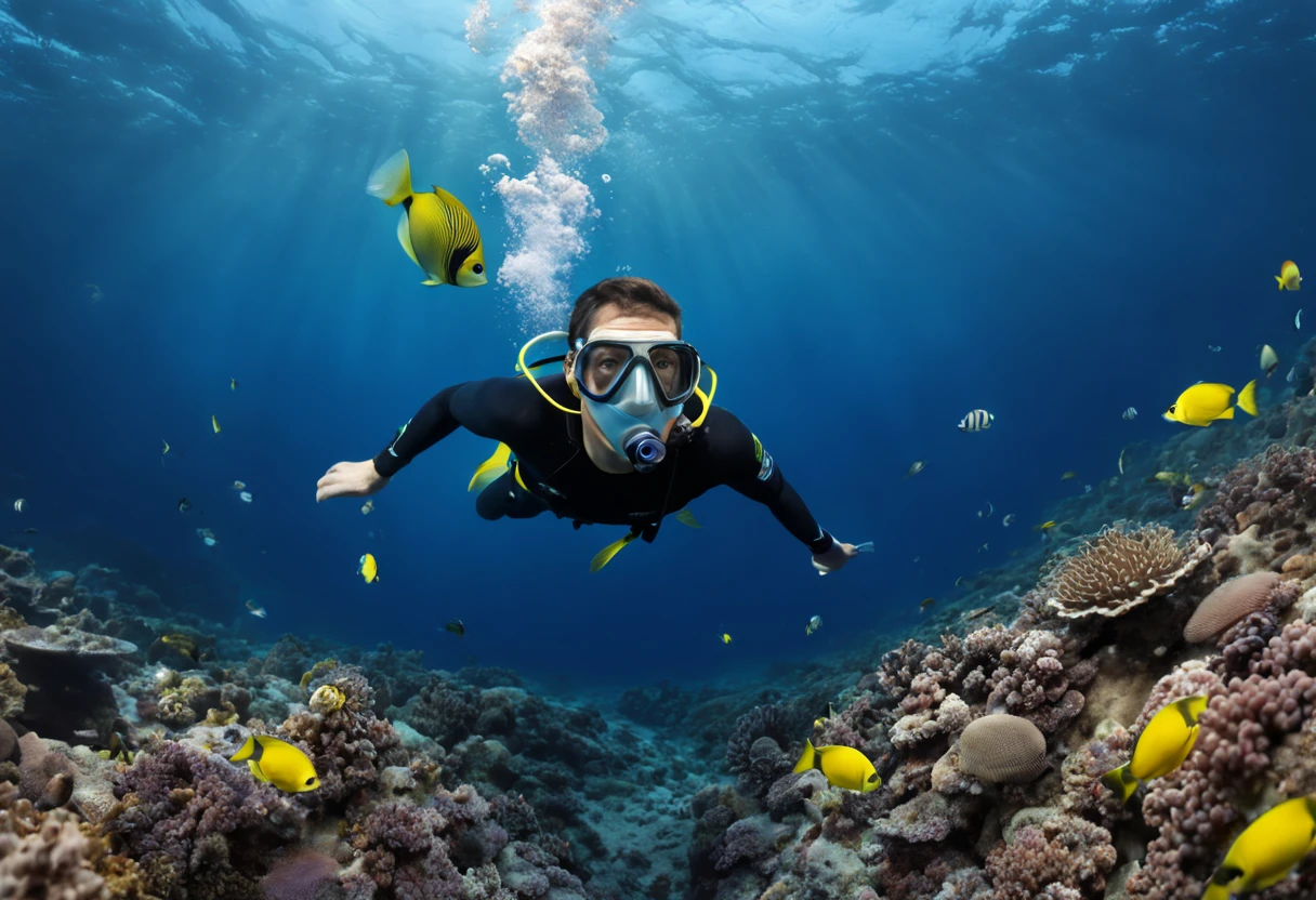 Snorkeling man tropical fish bubble close-up detailed HD、Deep sea diving and other water activities，Explore the mysteries of the ocean world。Best quality photo quality.ultra high definition, anatomically correct, high detail, masterpiece, Cinema scene wide angle lens, super wide angle