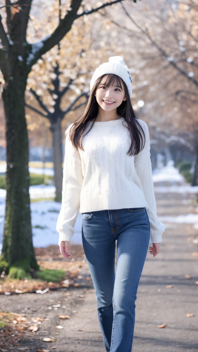 13 year old beautiful girl、Absolutely beautiful girl、かなりthin、thin、Angle from which you can see the whole body、full body shot、thin legs、flat chest、full body shot、髪型はmedium long hairー、Slim body type、young face、baby face、Winter clothes、white sweater、dark blue denim jeans、white knit hat、full body shot、Angle that shows the lower body、thin waist、thin legs、beautiful skin、medium long hair、In the park with winter scenery、snow、thin 、smile、show your teeth、High resolution、8K